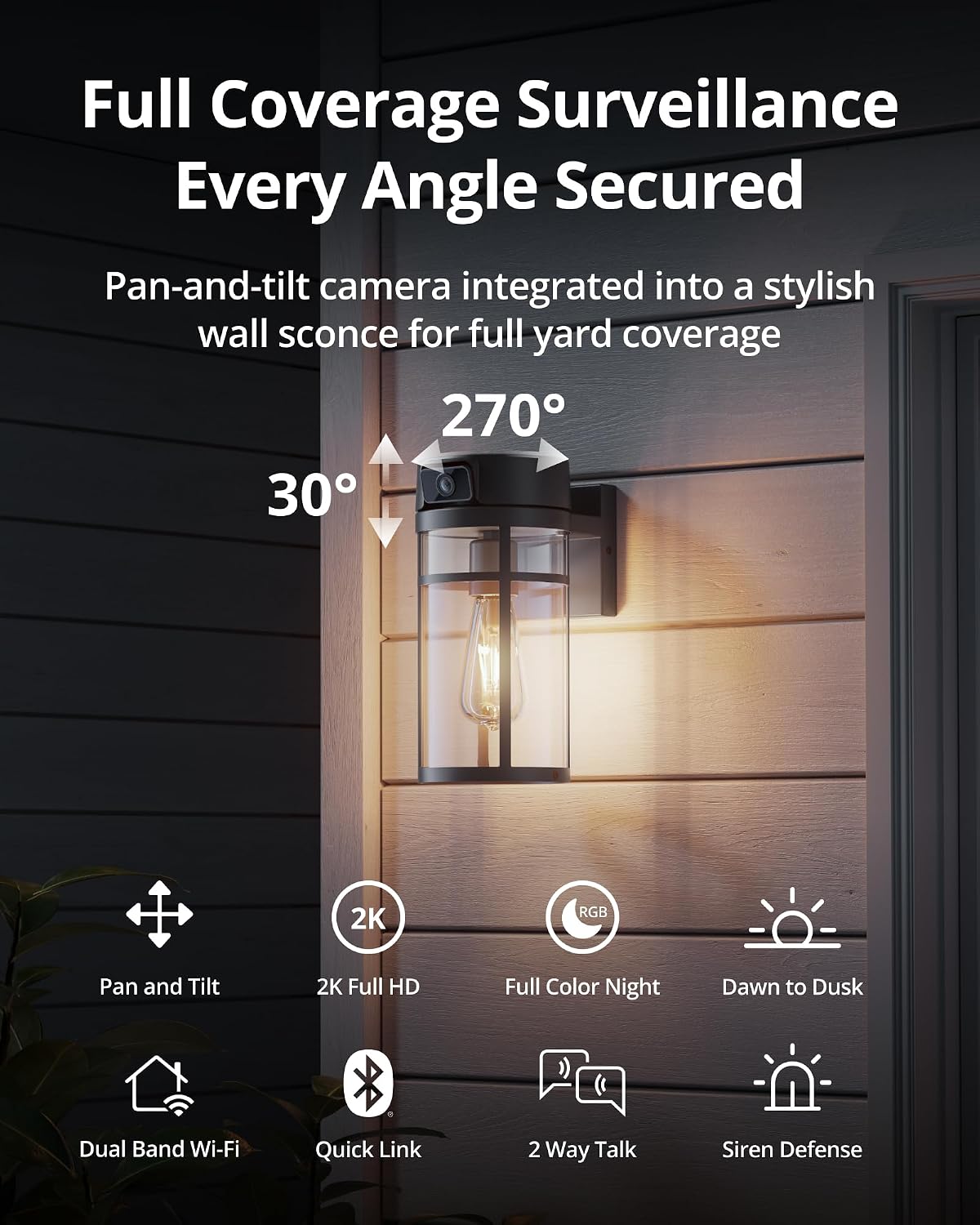 Outdoor Porch Light Security Camera, 2K HD Live View Wi-Fi Human Detection, Pan & Tilt, Two-Way Talk, Cloud/SD Storage, Wall Lantern Sconce Camera for Porch, Garage, Doorway, Works with Alexa