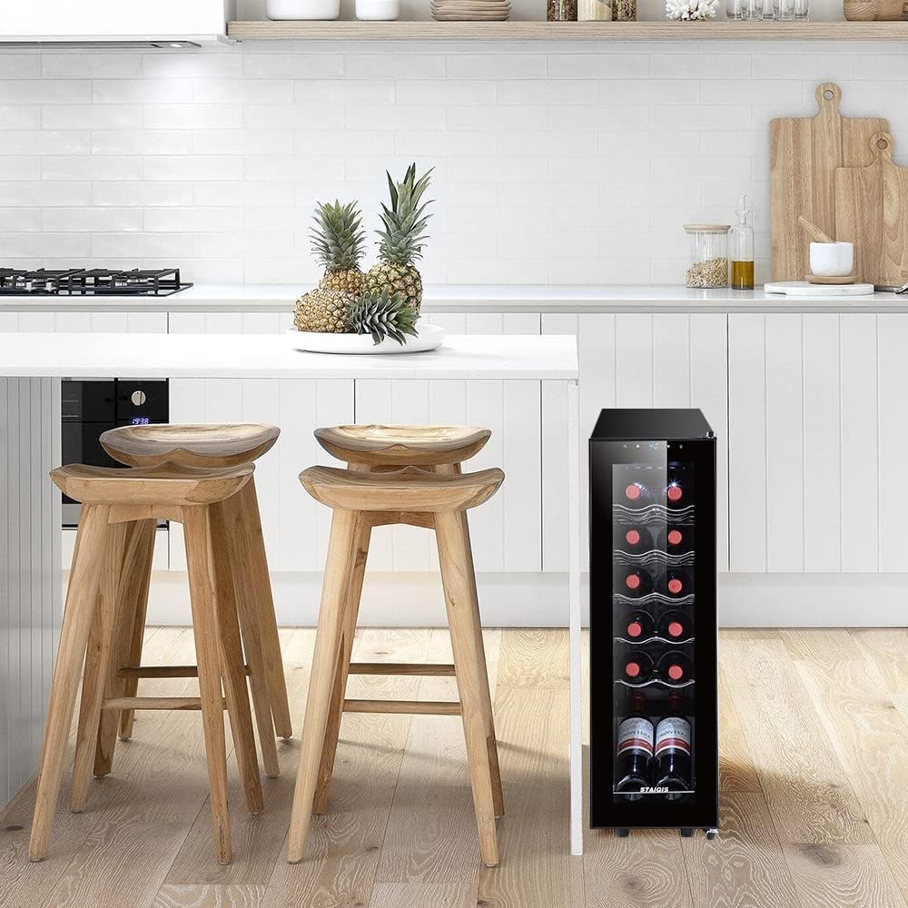 12 Bottle Wine Cooler, Mini Fridge for Red and White, Small Freestanding Refrigerator with 40-66F Digital Temperature Control Glass Door