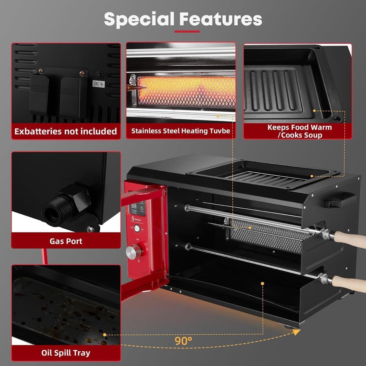 Auto Rotating Kebab Skewer Machine, 2 Layer Rotating Propane Rotisserie Grill with Electric Griddle, Smokeless Electric Grill Doner Kebab Fish Skewer Machine for Brazilian BBQ, Chicken,Steak