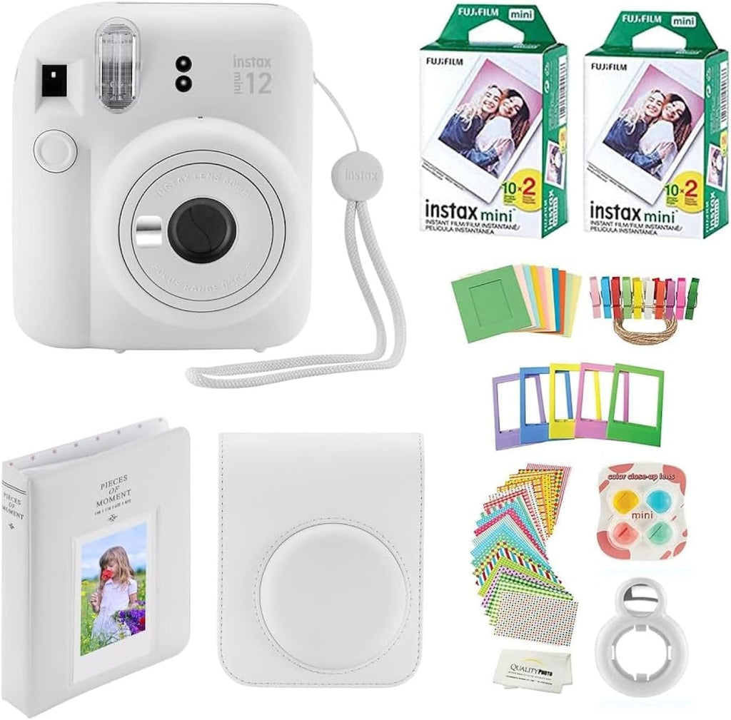 Fujifilm Instax Mini 12 Instant Camera with Case, 40 Fuji Films, Decoration Stickers, Frames, Photo Album and More Accessory kit (Clay White)