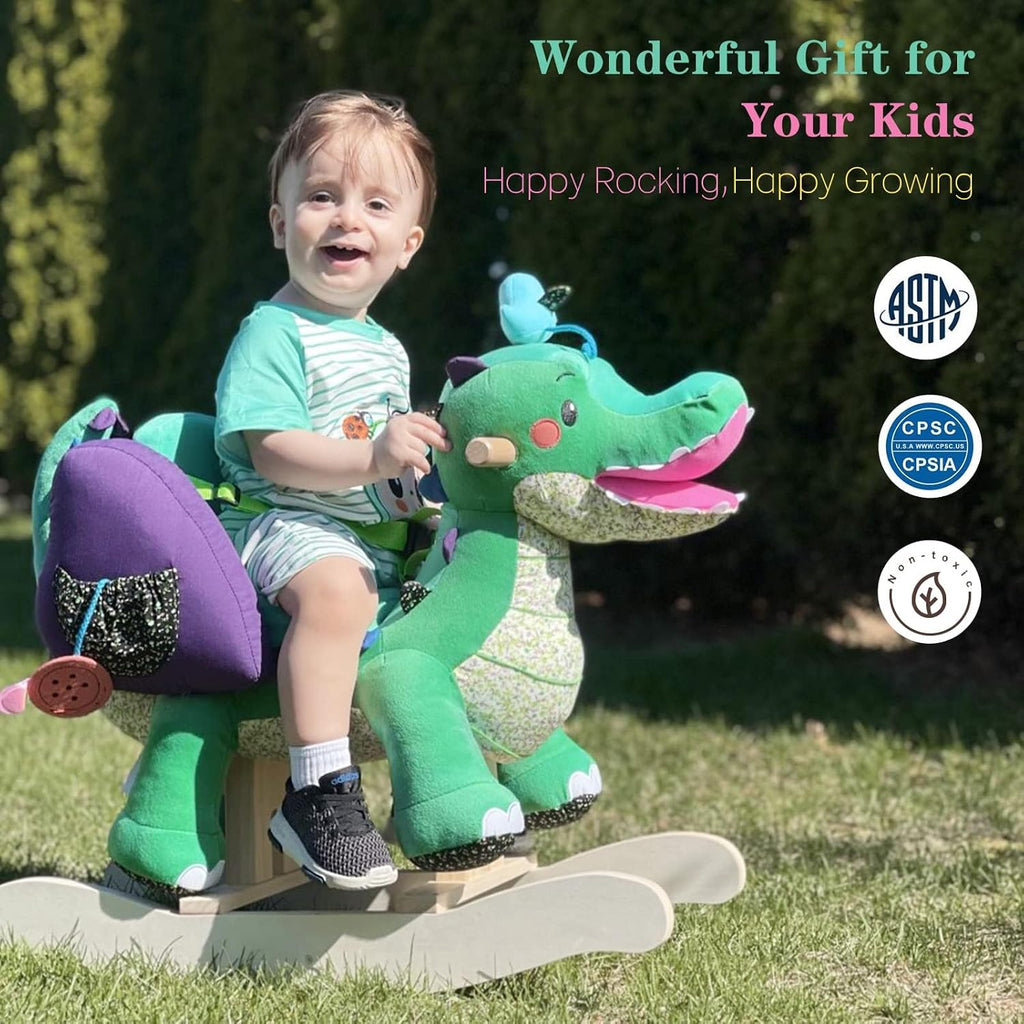 labebe Child Rocking Horse Toy, Stuffed Animal Rocking Horse, Green Crocodile Plush Rocker Toy for Kid 6 Month -3 Years, Wooden Rocking Horse Chair/Rocker/Animal Ride on