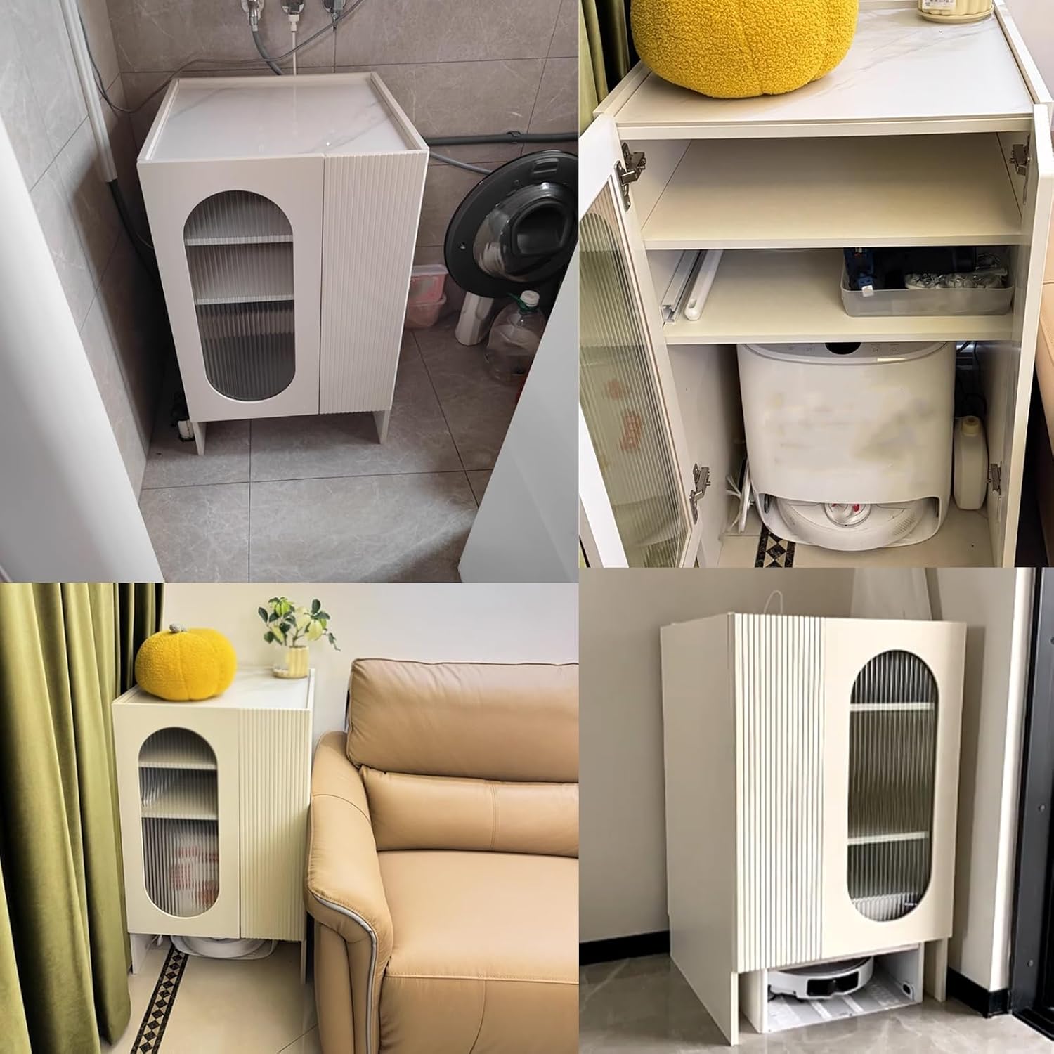 Small Storage Cabinet with Doors for Robot Vacuum and Mop Self Emptying, Side Table with Storage for Living Room with Adjustable Shelf for Kitchen Dinning Room