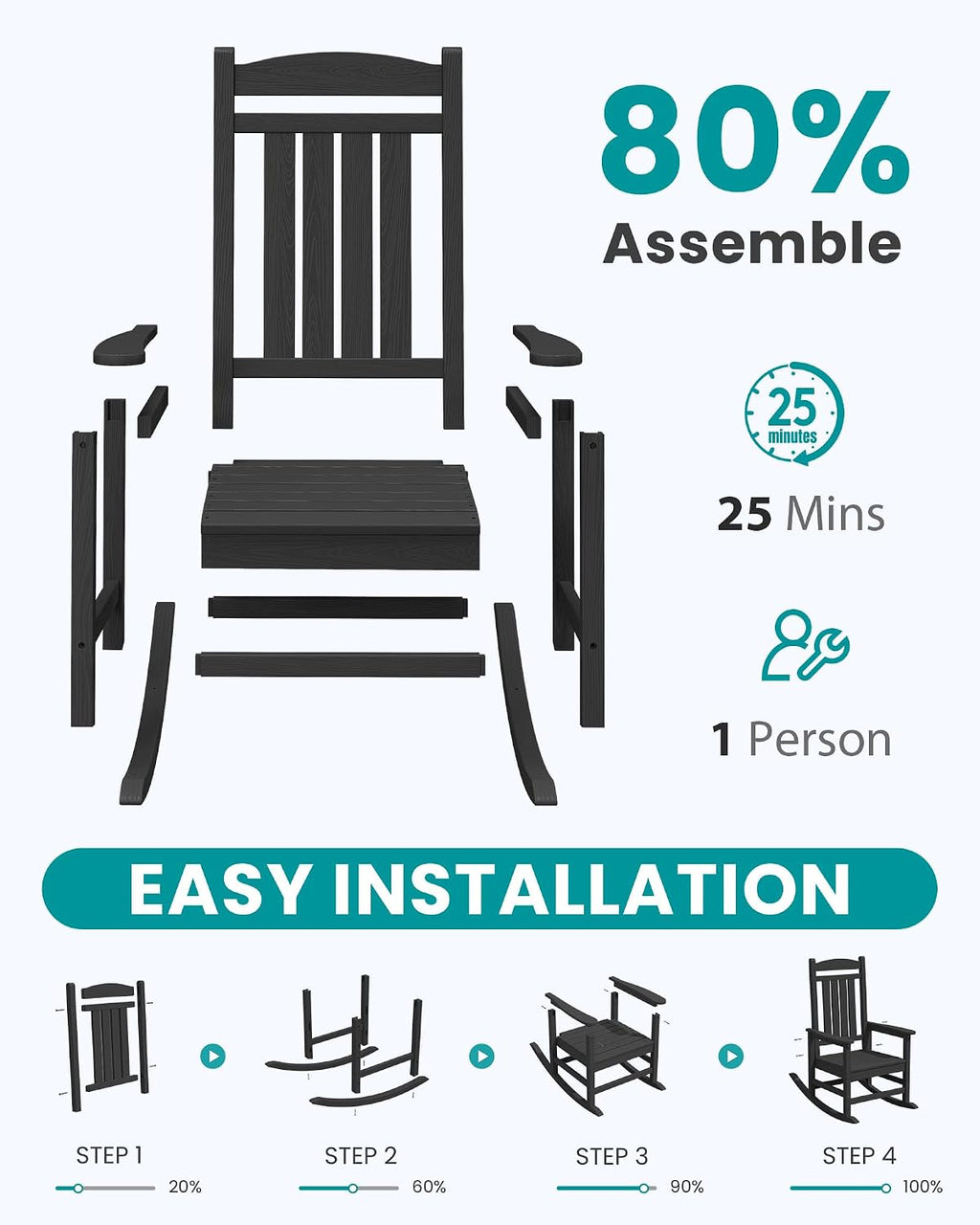 SERWALL Oversized HDPE Outdoor Rocking Chair Set of 6, Patio Rocking Chairs, All-Weather Porch Rockers for Adults, Black