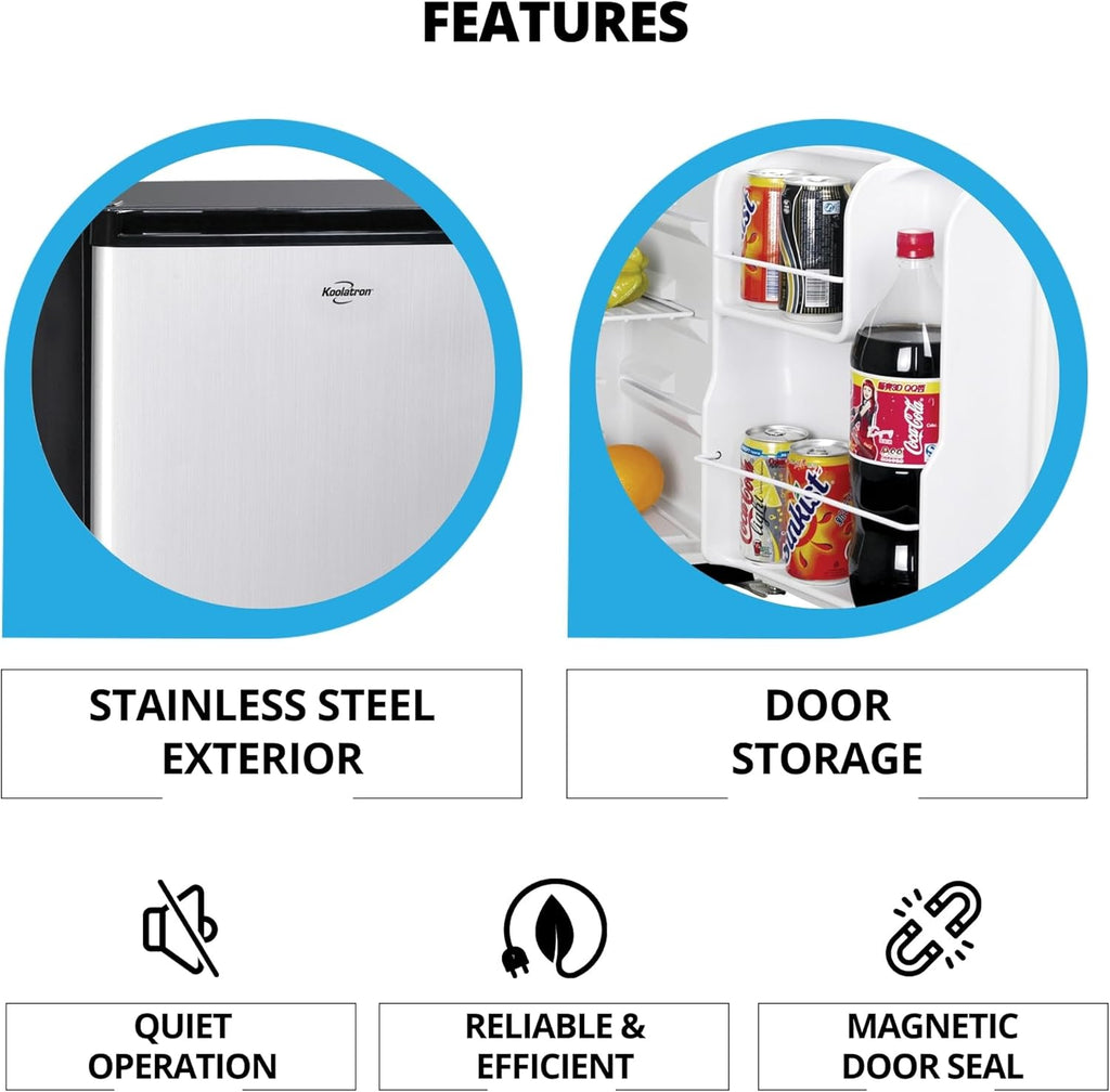 Koolatron Stainless Steel Compact Fridge with Freezer, 1.7 Cubic Feet (48 L) Capacity, Silver and Black, for Snacks, Frozen Meals, Beverages, Juice, Beer, Den, Dorm, Office, Games Room, or RV