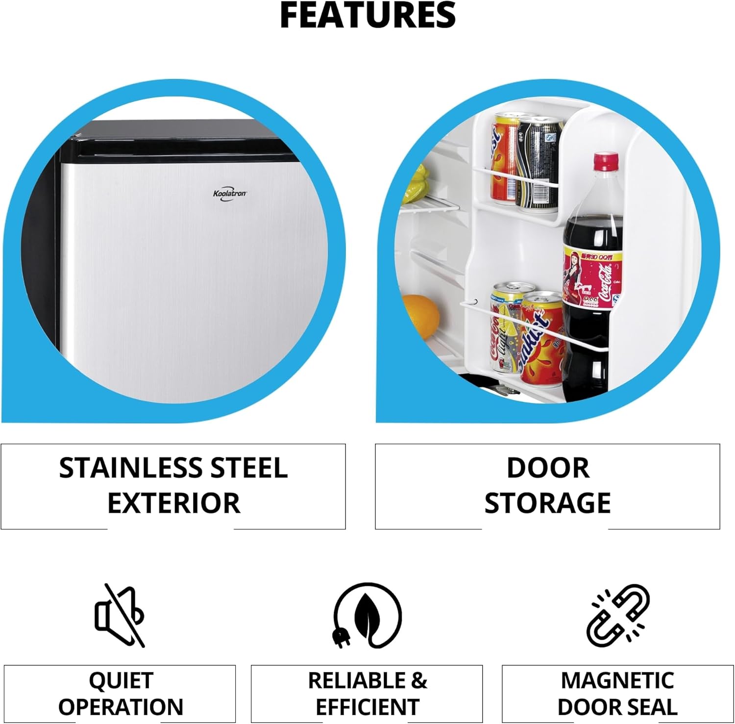 Koolatron Stainless Steel Compact Fridge with Freezer, 1.7 Cubic Feet (48 L) Capacity, Silver and Black, for Snacks, Frozen Meals, Beverages, Juice, Beer, Den, Dorm, Office, Games Room, or RV