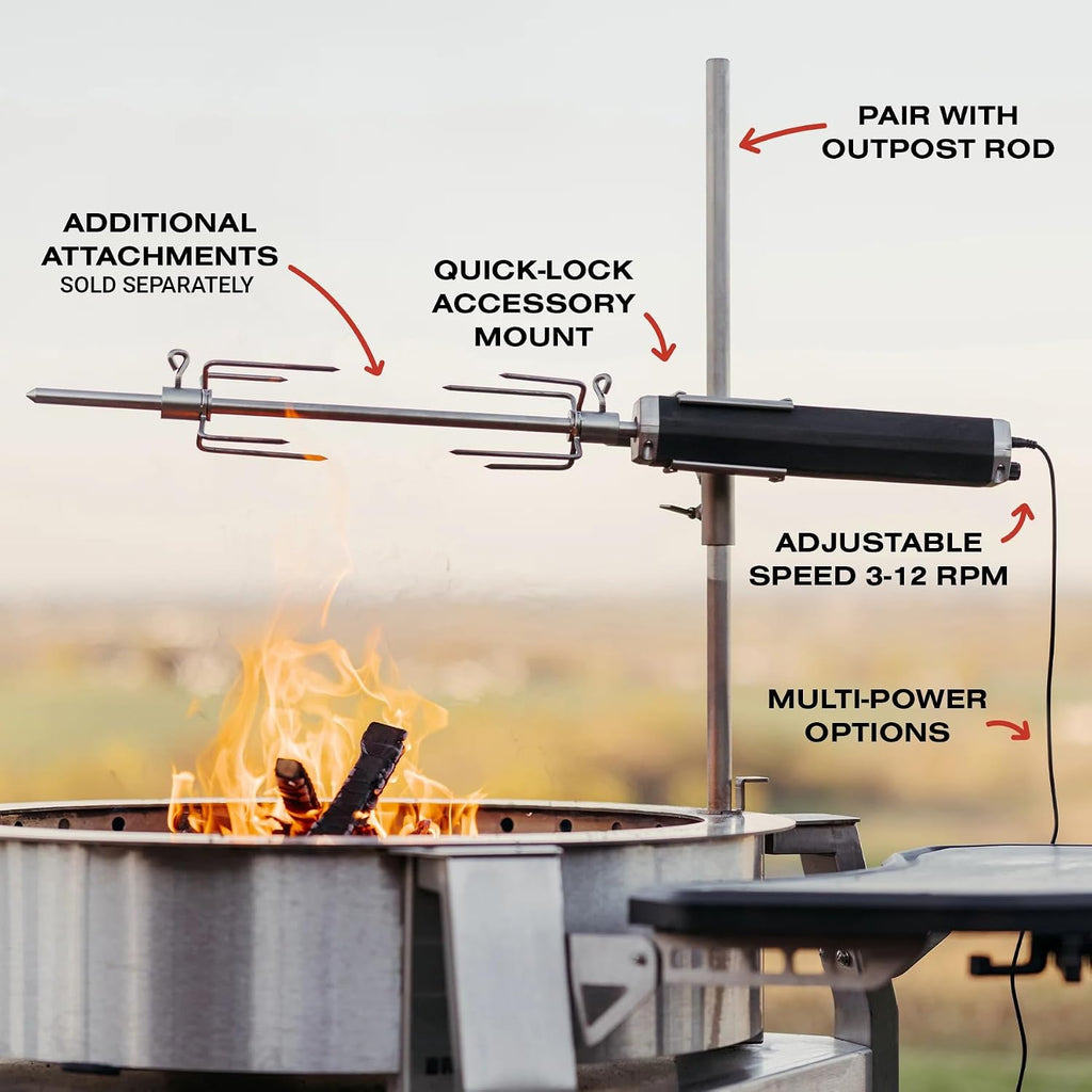 Breeo Rotisserie System - Rotisserie Grill Kit for Chicken, Turkey, BBQ, Kabobs - Live Fire Cooking Accessories - Includes Prongs, Battery Pack, Motor, AC Adapter, & Cable (Without Outpost Rod)
