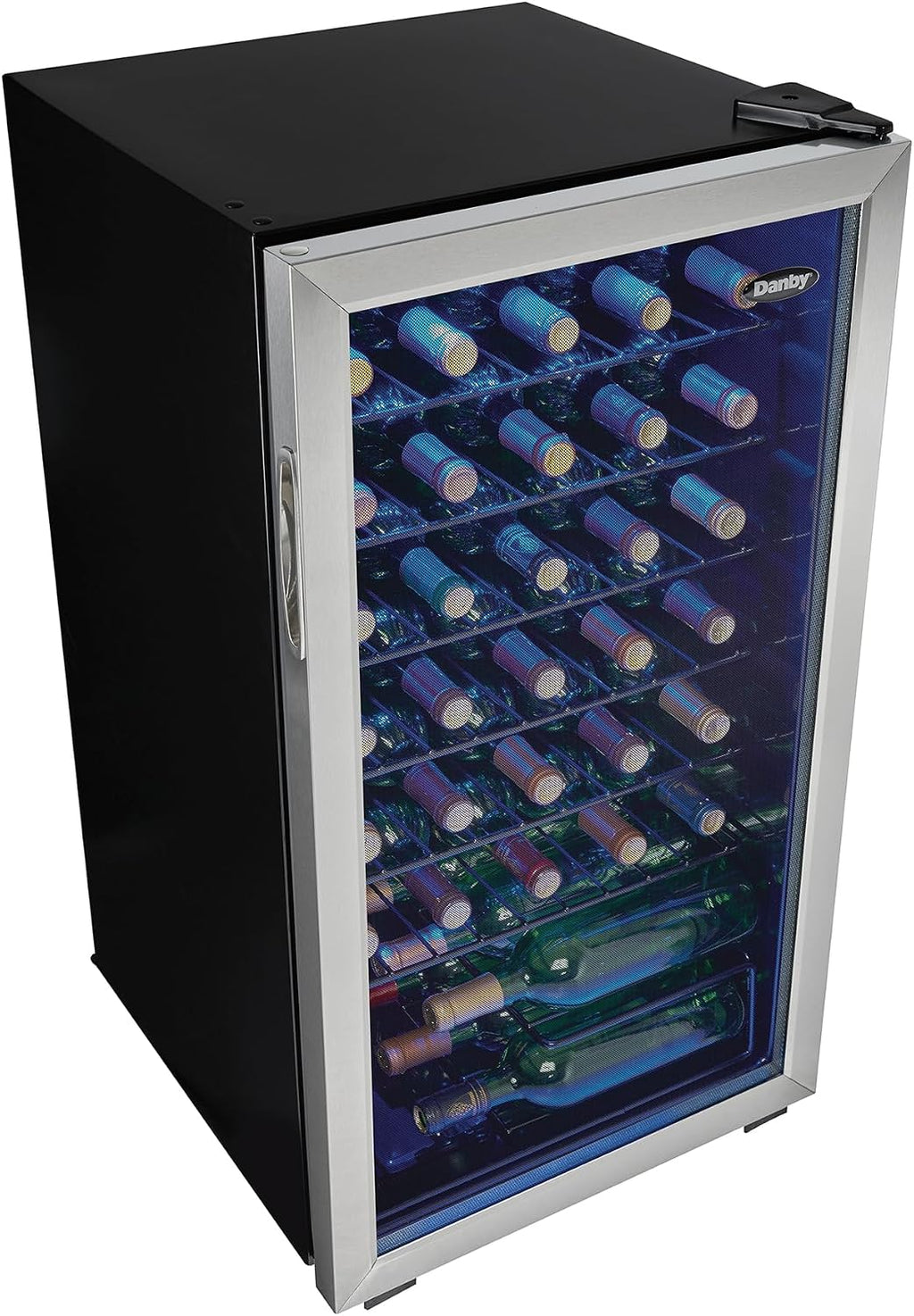 Danby DWC036A1BSSDB-6 3.3 Cu. Ft. Free Standing Wine Cooler, Holds 36 Bottles, Single Zone Fridge With Glass Door - Chiller for Kitchen, Home Bar, Black/Grey