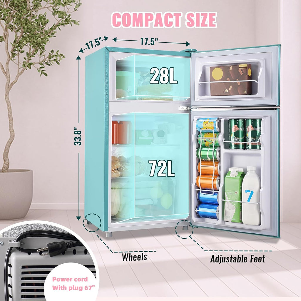 WANAI 3.5 Cu.ft Refrigerators Full-sized Fridge with Freezer Handles Blue Fridge Dual Door Classic Retro Refrigerator Removable Glass Shelves Adjustable Thermostat for Home Office Dorm RV