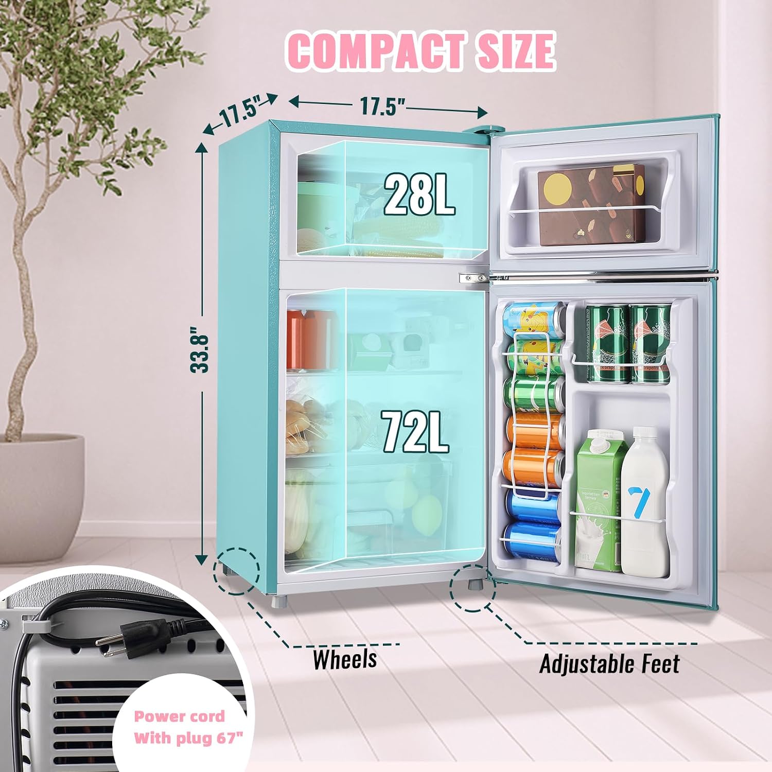 WANAI 3.5 Cu.ft Refrigerators Full-sized Fridge with Freezer Handles Blue Fridge Dual Door Classic Retro Refrigerator Removable Glass Shelves Adjustable Thermostat for Home Office Dorm RV