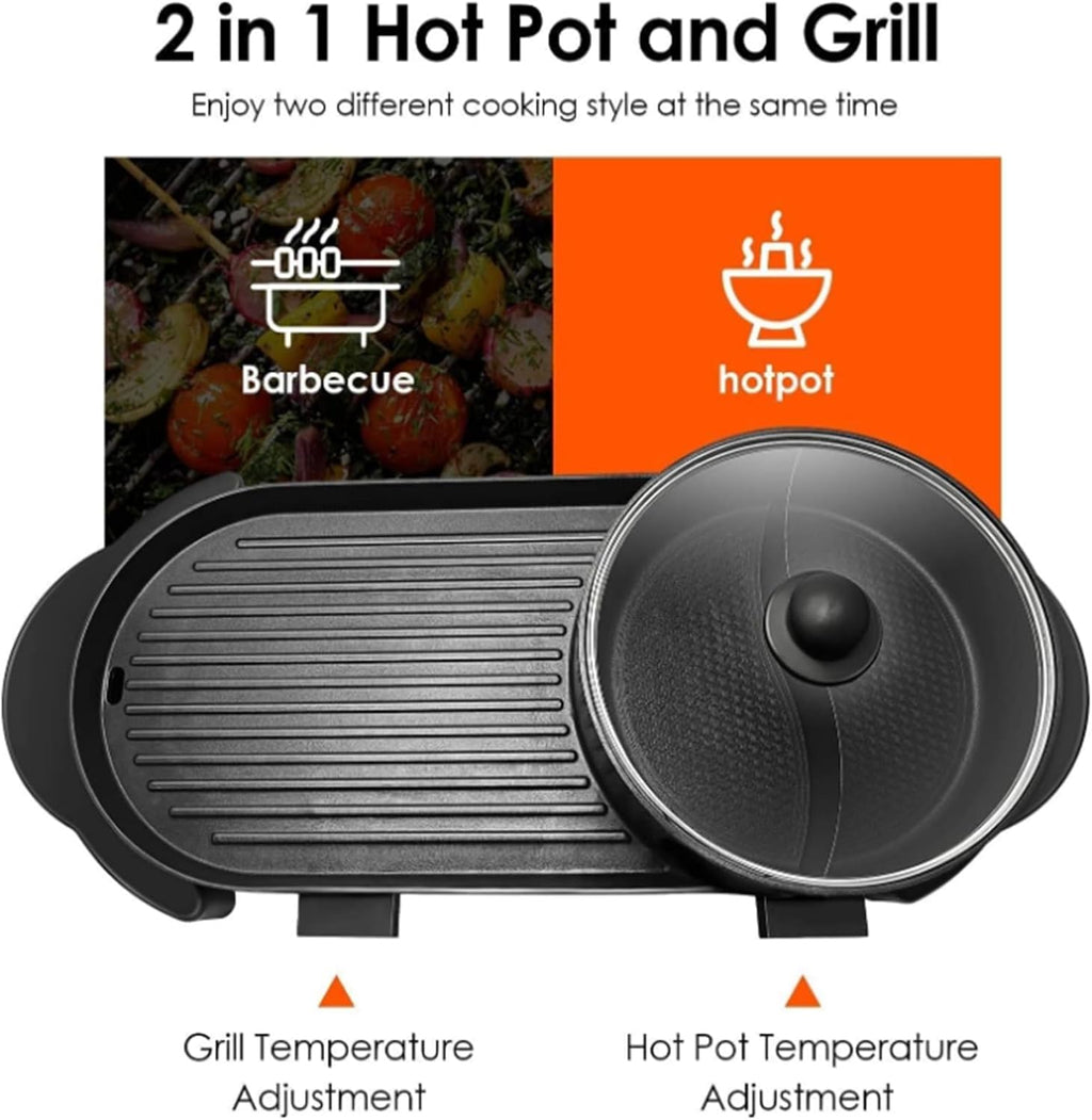 Electric Smokeless Non-Stick, Removable Hotpot Pot, Korean Barbecue Pan Indoor for 5-6 People Independent Dual Temperature Control Fast Heating