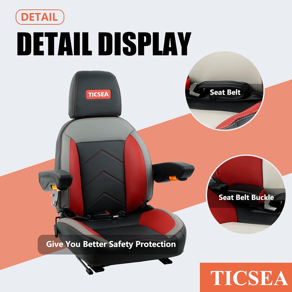 Universal Tractor Seat, Forklift Seat with Retractable Seatbelt and Adjustable Backrest Headrest Armrests Compatible with Toro Gravely Bad Boy Kubota Zero Turn Mowers (Black-Red)