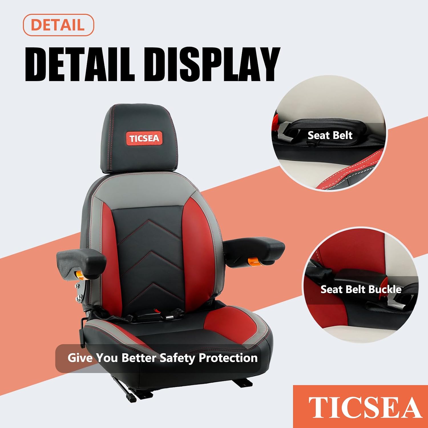 Universal Tractor Seat, Forklift Seat with Retractable Seatbelt and Adjustable Backrest Headrest Armrests Compatible with Toro Gravely Bad Boy Kubota Zero Turn Mowers (Black-Red)
