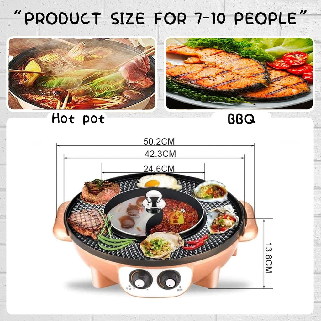 Large Household Electric Hot Pot with Grill, Soup Pot and Korean BBQ, Non-stick Coating, Easy to Clean, For 7-10 People to Enjoy, 2200 W