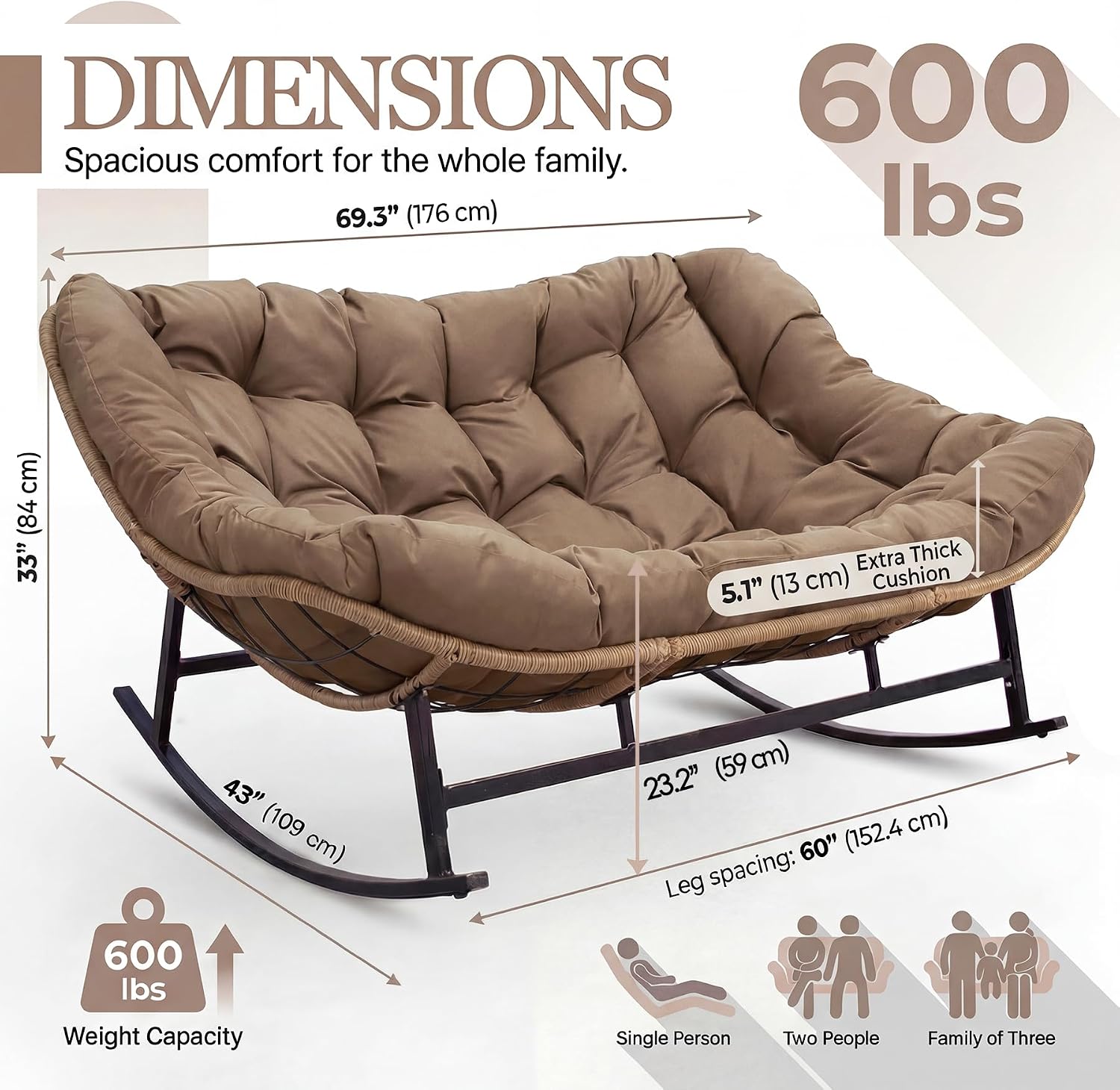 NICESOUL Double Large Papasan Chair Outdoor, Oversized 2 Person Egg Rocking Chair with Cushions, 700 lbs Heavy-Duty Wicker Loveseat Recliner Glider for Outdoor & Indoor Patio, Balcony & Garden, Brown