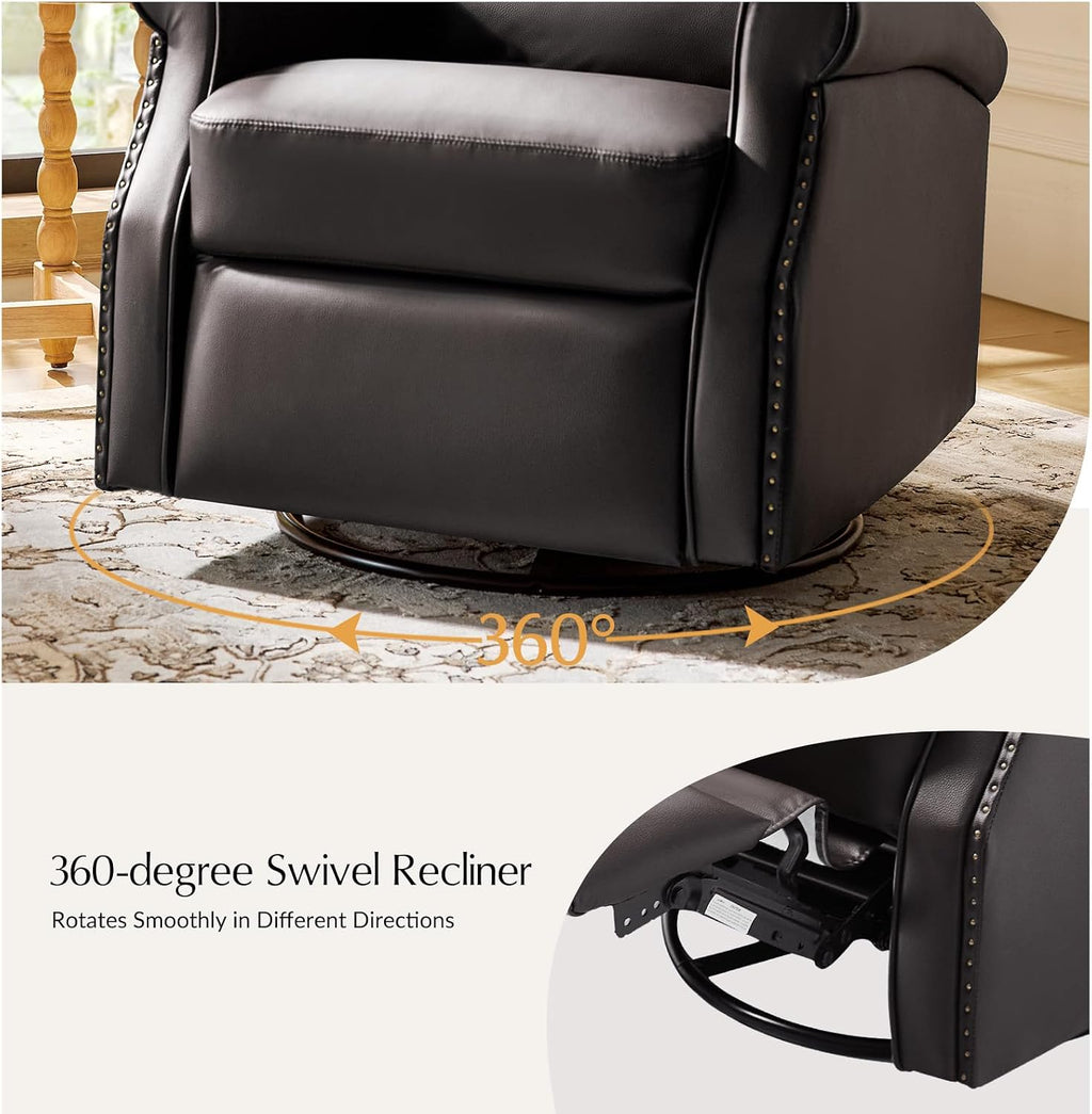 HULALA HOME Faux Leather Swivel Rocker Recliners Set of 2 with Adjustable Backrest and Footrest, Push Back Recliner Chairs with Nailhead Trim, Swivel Glider Rocking Chairs for Living Room, Brown
