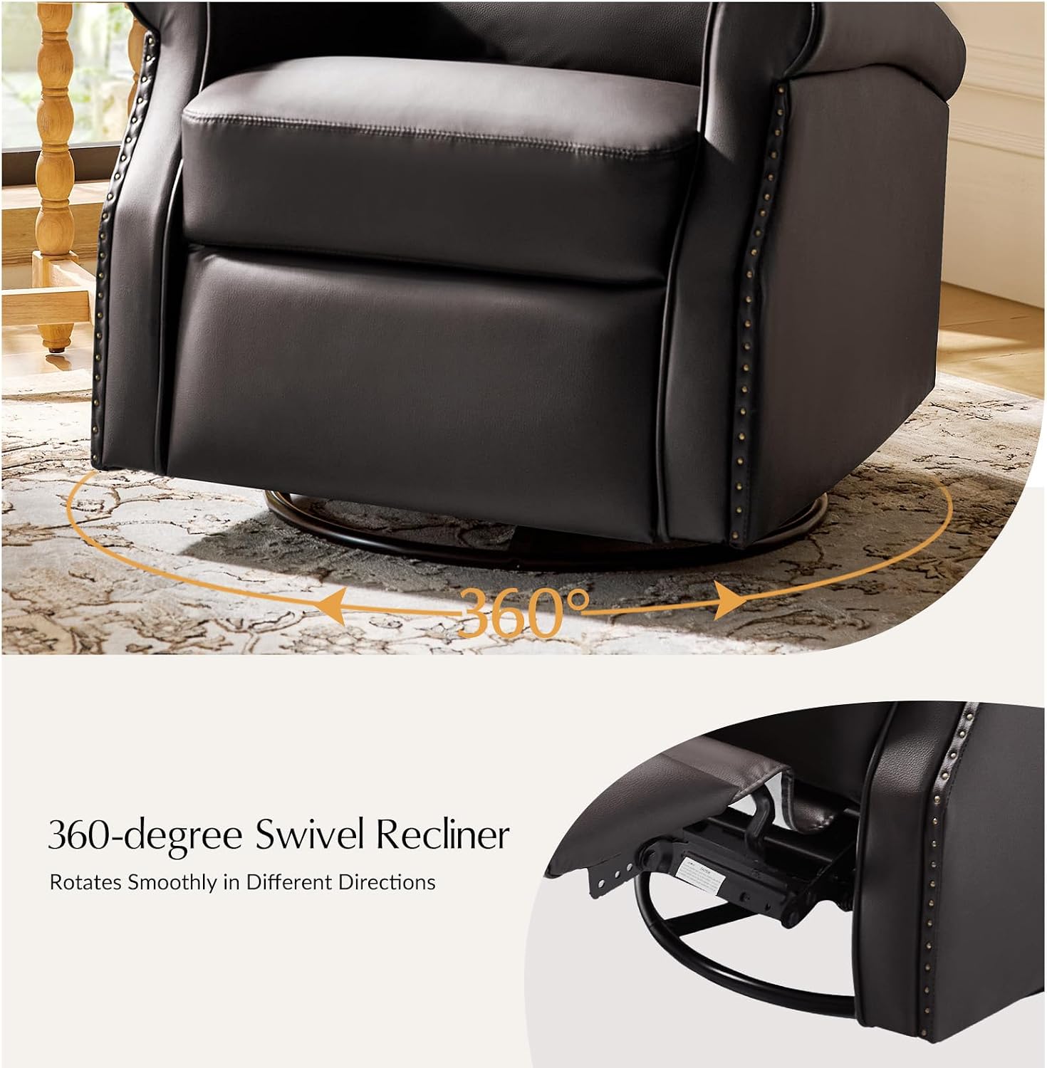 HULALA HOME Faux Leather Swivel Rocker Recliners Set of 2 with Adjustable Backrest and Footrest, Push Back Recliner Chairs with Nailhead Trim, Swivel Glider Rocking Chairs for Living Room, Brown