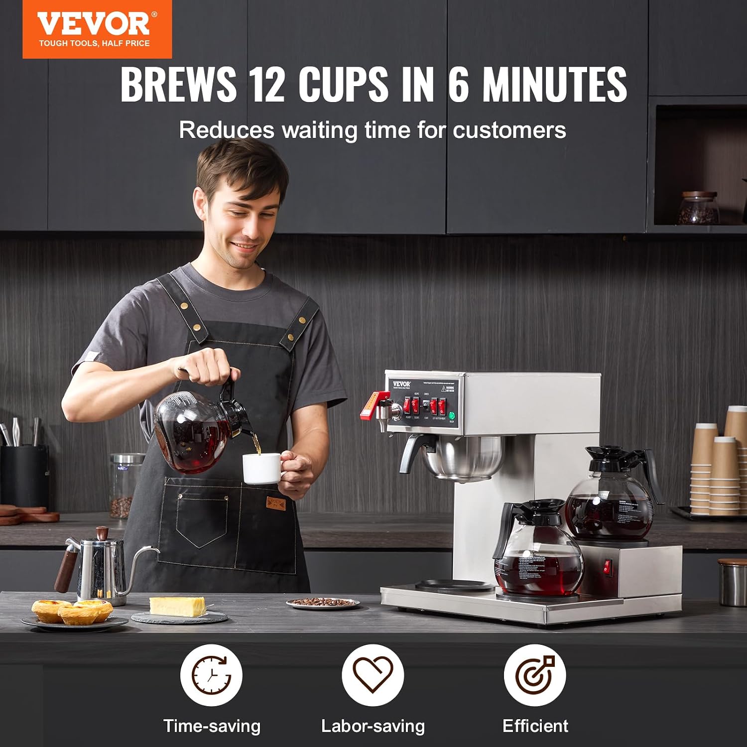 VEVOR 12 Cups Commercial Drip Coffee Maker, Coffee Maker Machine with 3 Glass Carafes and 3 Warmer Plates, Stainless Steel Pour Over Coffee Brewer with Auto Water Intake, for Restaurant Office Cafe