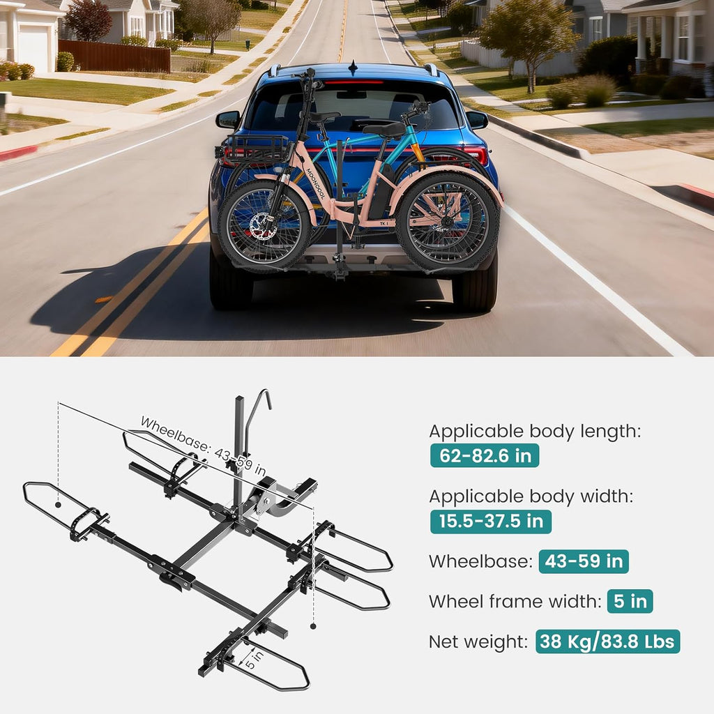 MOPHOTO Heavy-Duty Folding Trike Rack for Adult Tricycles Bicycles, Bike Hitch Mount Rack, 270 lbs Load, Fits 5' Fat Tires, 43'–59' Wheelbase, Rear Carrier with 2' Receiver for Cars, Trucks, SUVs, RVs