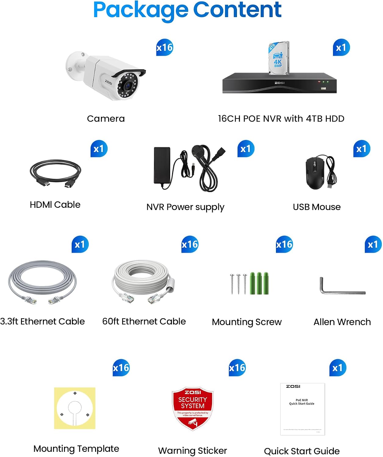 ZOSI 16CH 4K PoE Security Camera System with Audio, 16 x 8MP Outdoor Metal Bullet Cameras, People Counting, Person/Vehicle Detection, 16 Port 32-Channel NVR with 4TB HDD for Commercial 24/7 Recording