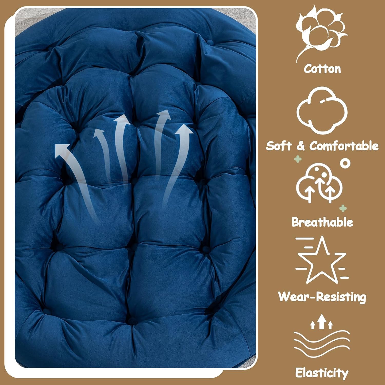 37' Papasan Rocking Chair with Cushion and Steel Frame, Oversized Outdoor Egg Rocking Chair, Rattan Circle Chairs for Grand Patio and Garden (Navy Blue)