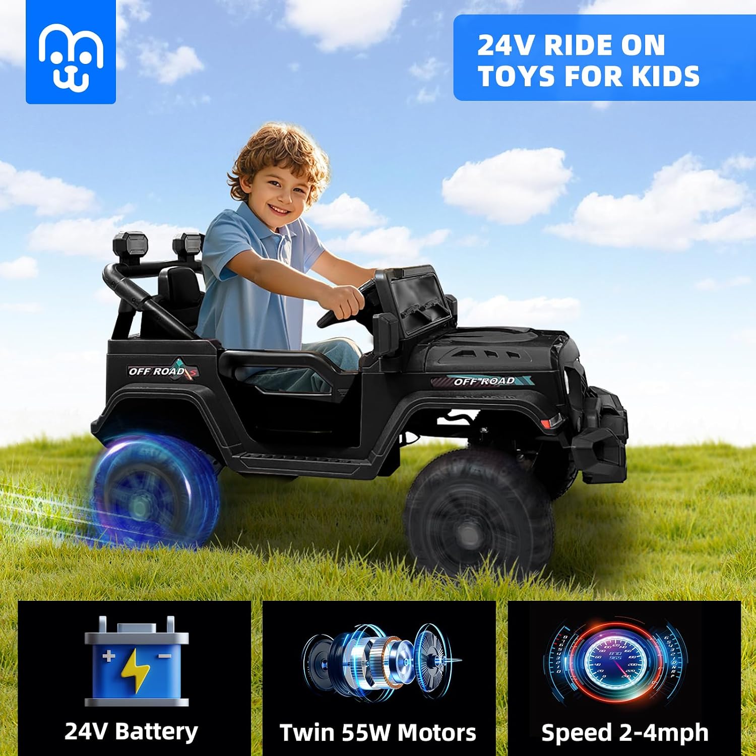 MINIATURE MOTORS 24V Kids Electric Ride on Truck Car with Remote Control, Twin 55W Motors 4MPH Max Speed, Bluetooth Music Player, 4 Wheels Suspension LED Lights Safety Belt, Gift for Boys Girls-Black