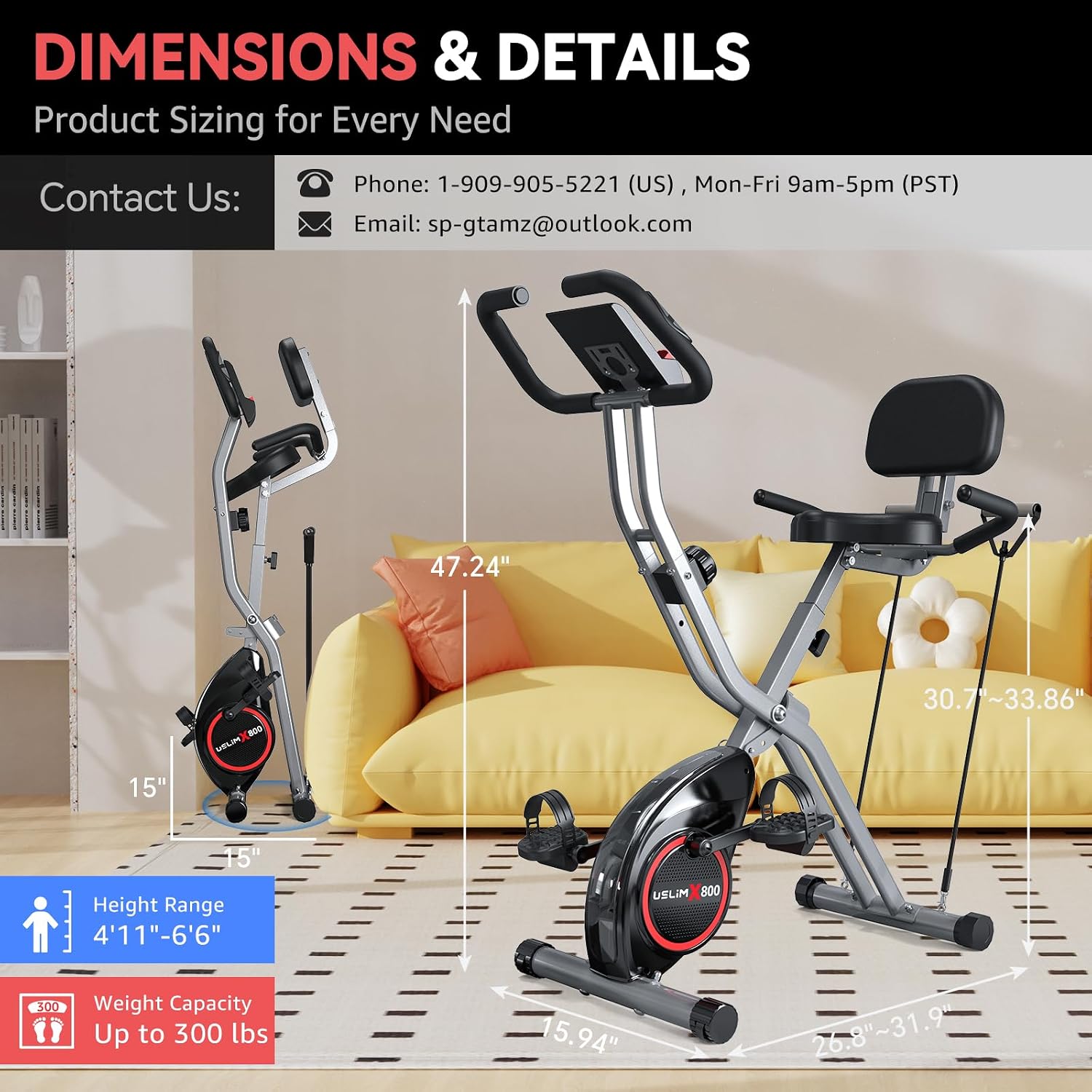 USLIM Foldable Exercise Bike Stationary Bikes for Home, 5 IN 1 Indoor Workout Bike, Cycling Bike with 16-Level Quiet Magnetic Resistance, 6.6 LBS Flywheel and 300LBS Capacity for Senior and Home Workout