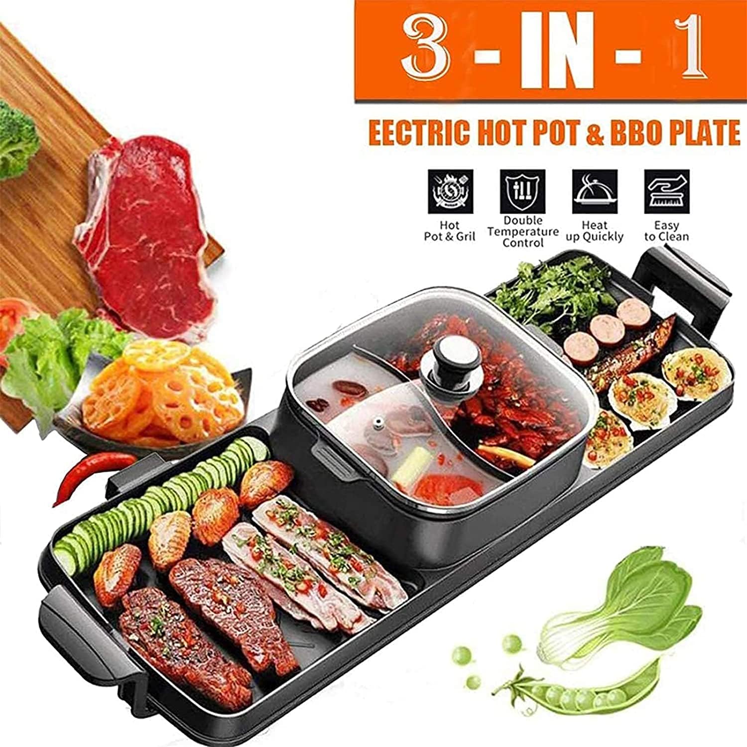 Fondue Electric Grill Hot Pot, 2700W 3 in 1 Electric Smokeless BBQ Grill Shabu Hot Pot with Divider Separate Independent Dual Temperature Control, Non-Stick Pan for 3