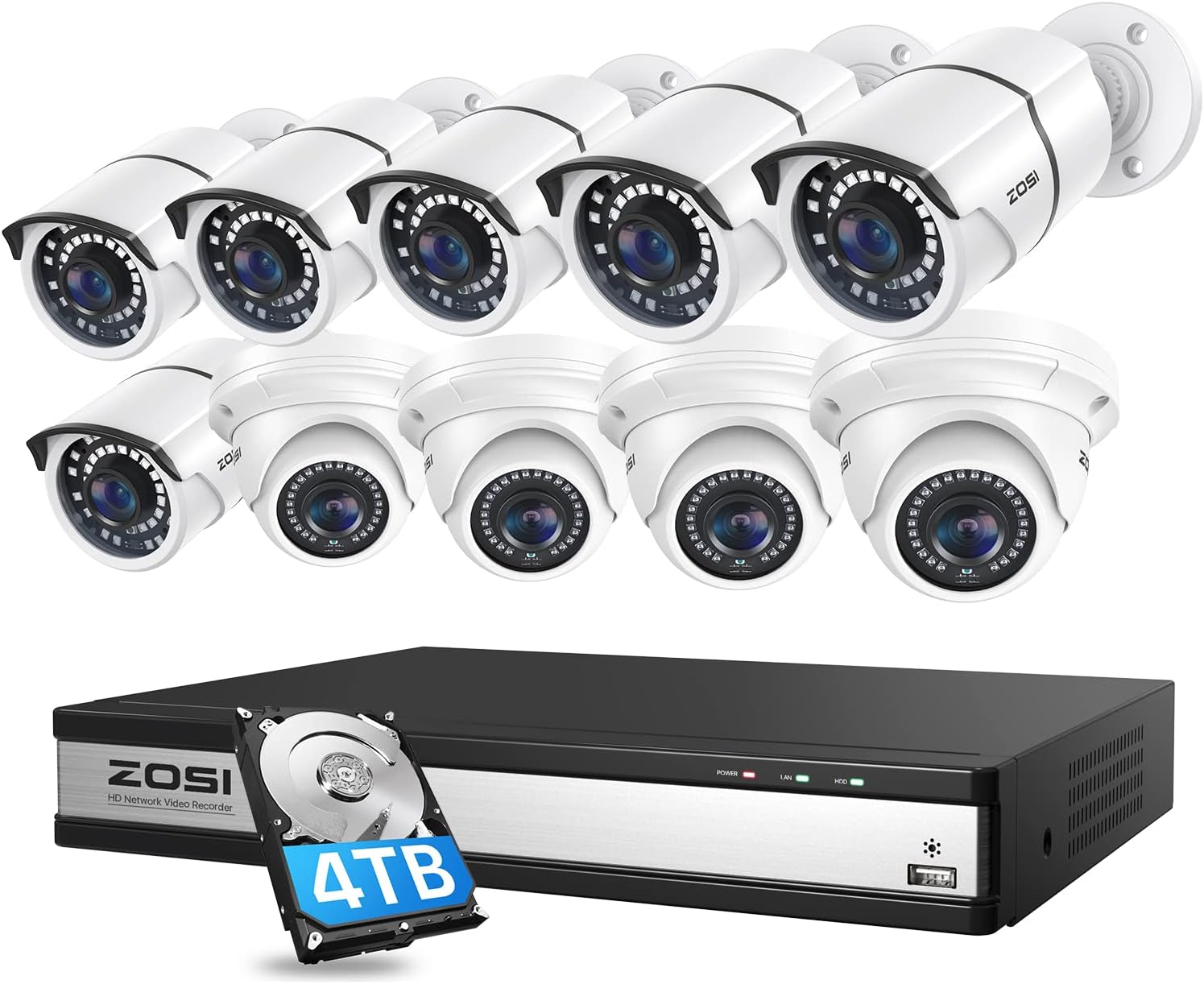 ZOSI 4K 16CH PoE Security Camera System with Hard Drive 4TB and 10pcs 5MP Outdoor Indoor PoE IP Surveillance Cameras,H.265+ 16 Channel 8MP CCTV NVR,120ft Night Vision,Remote Access,24/7 Recording