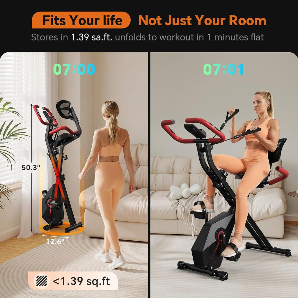 USLIM Foldable Exercise Bike Stationary Bikes for Home, 5 IN 1 Indoor Workout Bike, Cycling Bike with 16-Level Quiet Magnetic Resistance, 6.6 LBS Flywheel and 300LBS Capacity for Senior and Home Workout