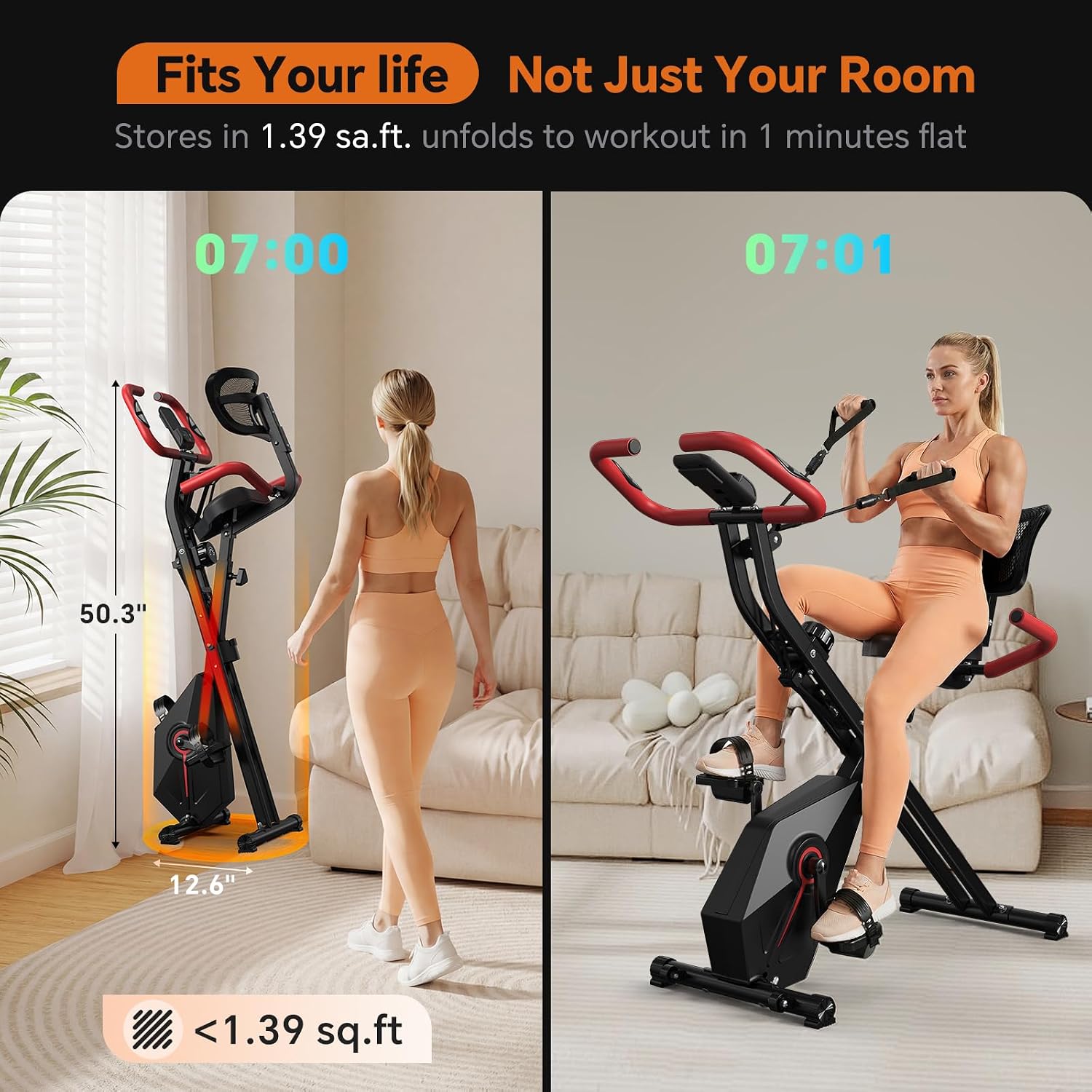 USLIM Foldable Exercise Bike Stationary Bikes for Home, 5 IN 1 Indoor Workout Bike, Cycling Bike with 16-Level Quiet Magnetic Resistance, 6.6 LBS Flywheel and 300LBS Capacity for Senior and Home Workout