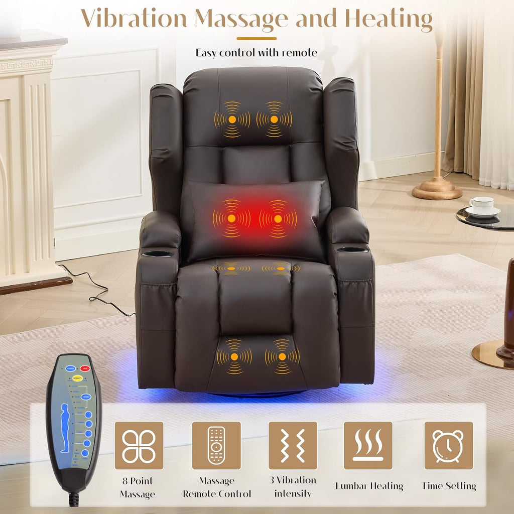 Power Swivel Rocker Recliner Chair with Massage & Heat, Dual Motor Electric Glider Rocking Recliner with USB Ports, Cup Holders & LED Light for Living Room, Home Theater (Brown PU)