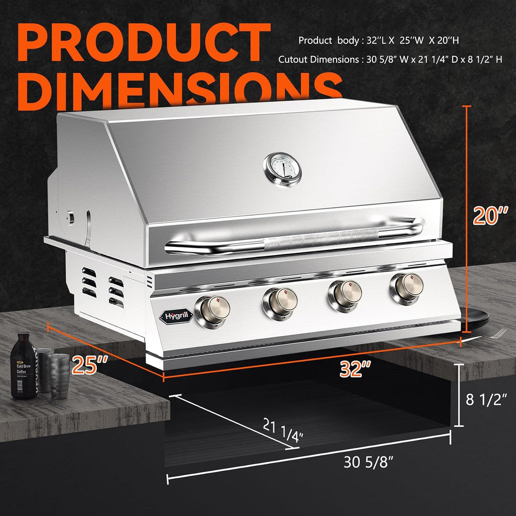 Hygrill STD Series 32-Inch Built In Grill, Stainless Steel 4-Burner Grill Head for Outdoor Kitchen, Natural Gas