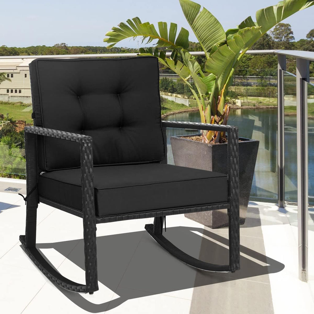 HAPPYGRILL Wicker Rocking Chair, Outdoor Patio Glider Chair with Heavy-Duty Frame, Thick Cushion, Rattan Rocking Chair for Backyard Garden Porch