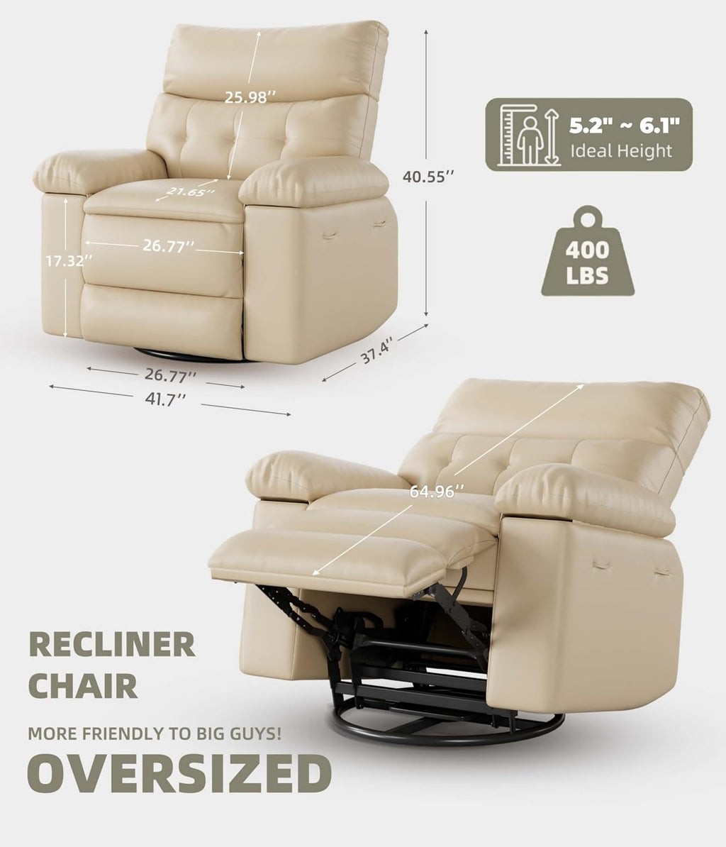 GarveeHome Oversized Leather Recliner Chair, Swivel Rocker Manual Recliner for Adults, Lazy Rocking Chair with Comfort Arms and Back Single Sofa for Living Room