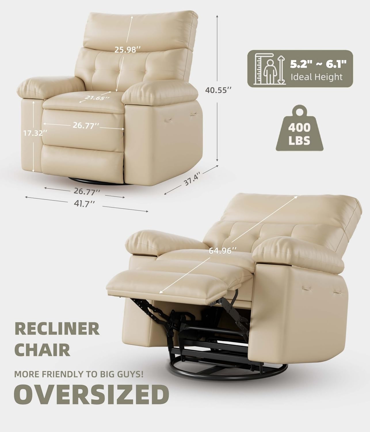 GarveeHome Oversized Leather Recliner Chair, Swivel Rocker Manual Recliner for Adults, Lazy Rocking Chair with Comfort Arms and Back Single Sofa for Living Room