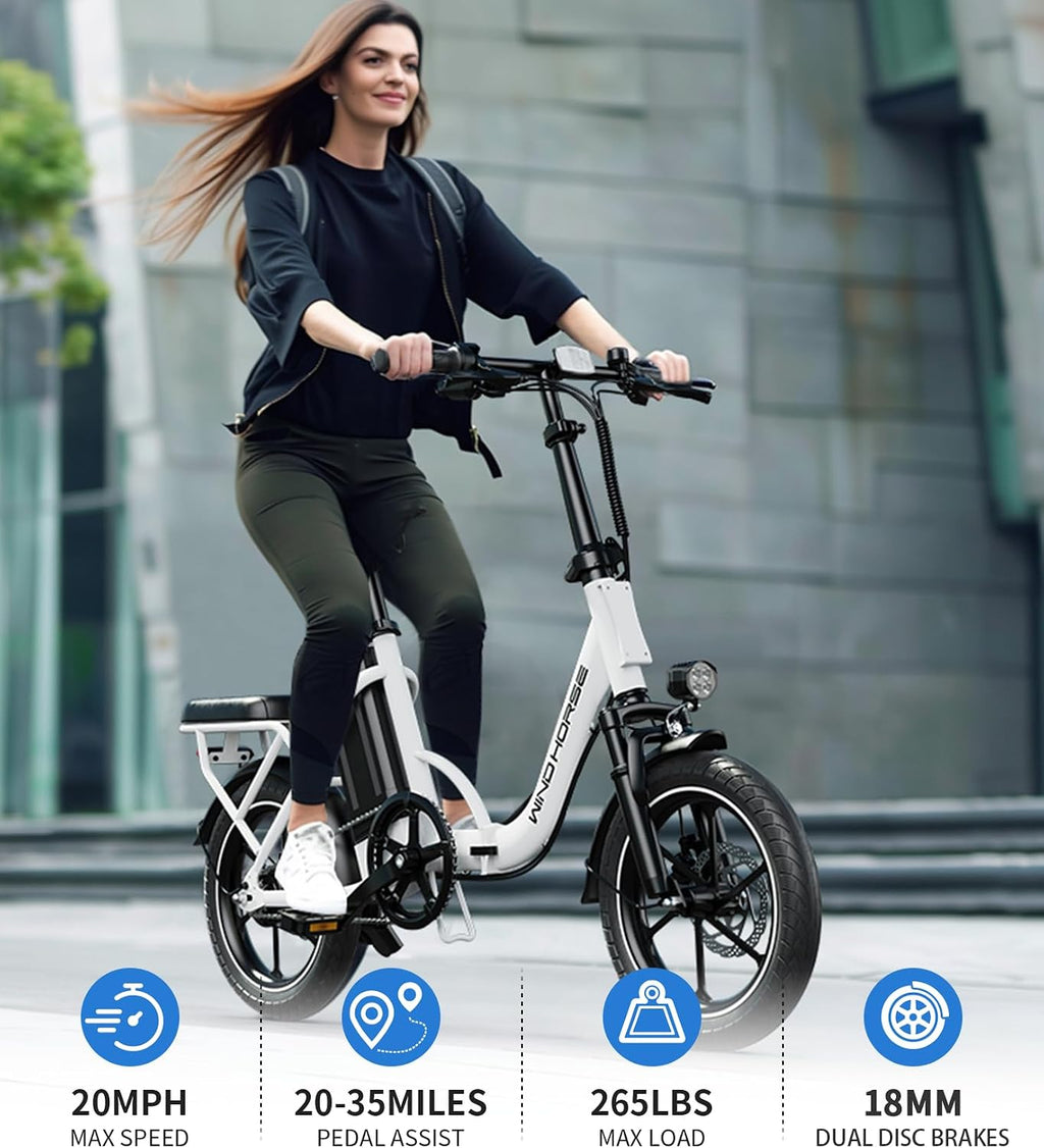 WINDHORSE 16' Folding Electric Bike for Adults, 630W Peak Motor, 20MPH, 19–35 Miles Pedal Assist Range, LCD Display, Dual Disc Brakes, Removable Battery