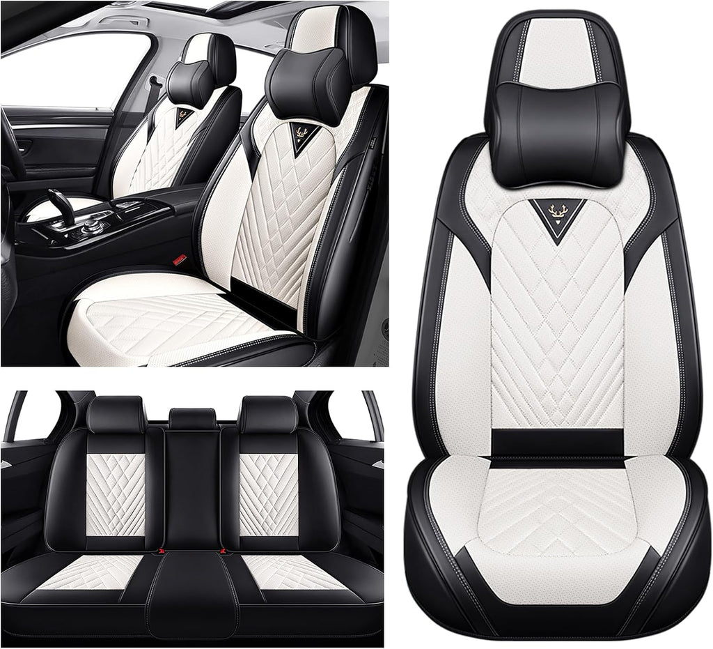 Car Seat Covers for Toyota RAV4 2000-2026, Waterproof Nappa Leather Full Set Seat Cover with Headrests, Anti-Slip and Comfortable Automotive Seat Protector&Accessories(Black White)