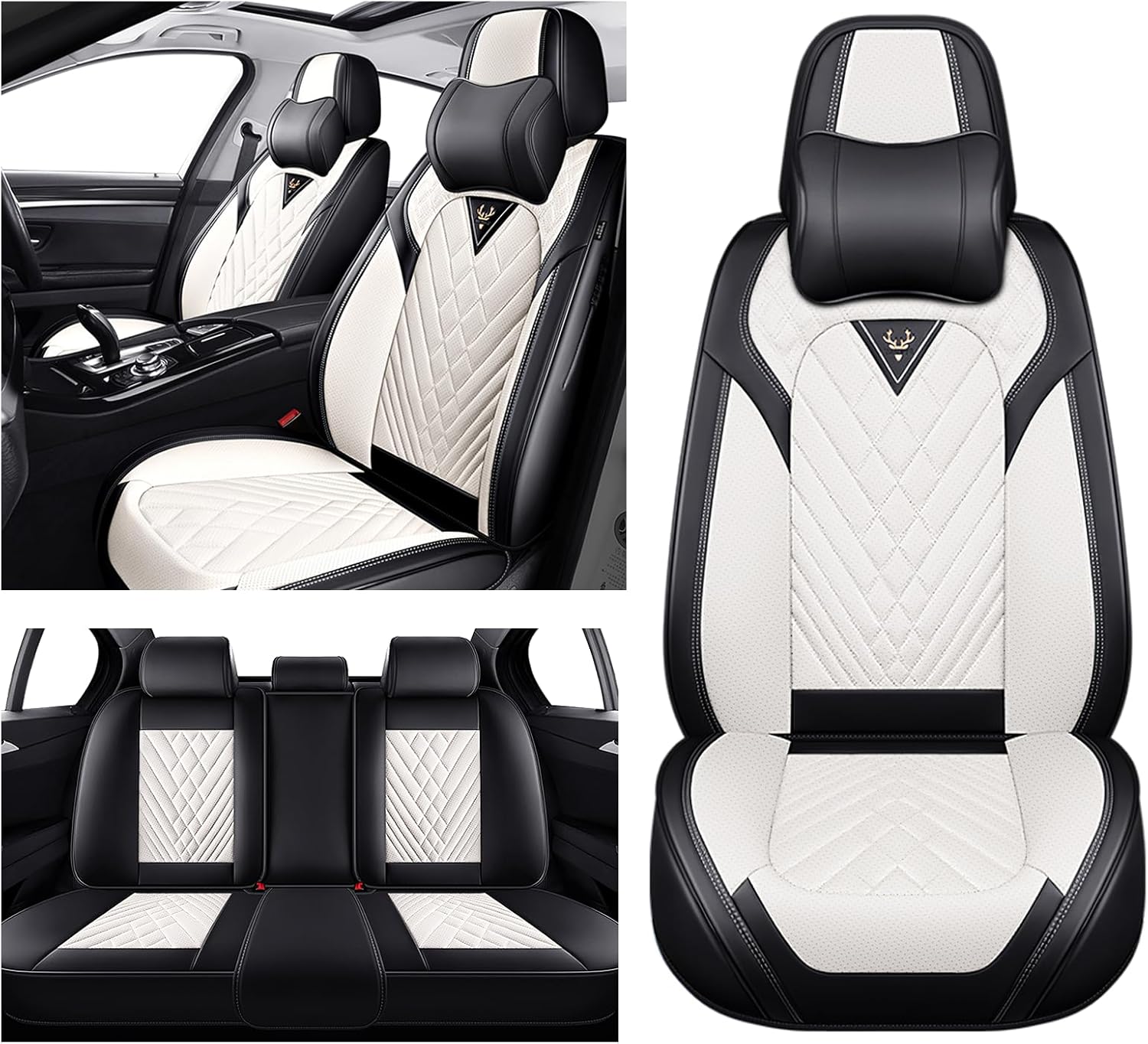 Car Seat Covers for GMC Sierra 1500 2000-2026, Waterproof Nappa Leather Full Set Seat Cover with Headrests, Anti-Slip and Comfortable Automotive Seat Protector&Accessories(Black White)