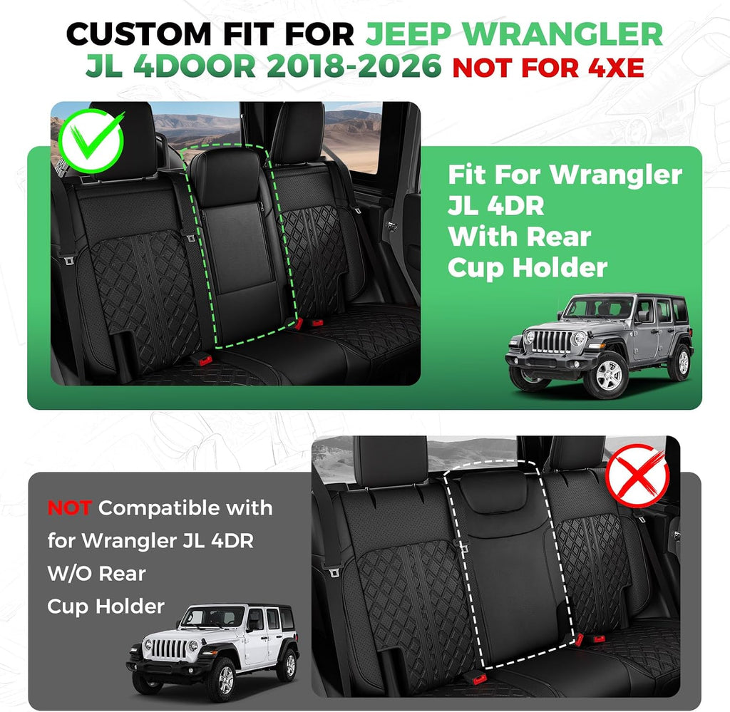 for Jeep Wrangler Seat Covers JL 4 DR with Rear Cup Holder 2018 2019 2020 2021 2022 2023 2024 2025 2026, Custom Fit Car Seat Covers Full Set,Waterproof Leather Seat Protector,Black