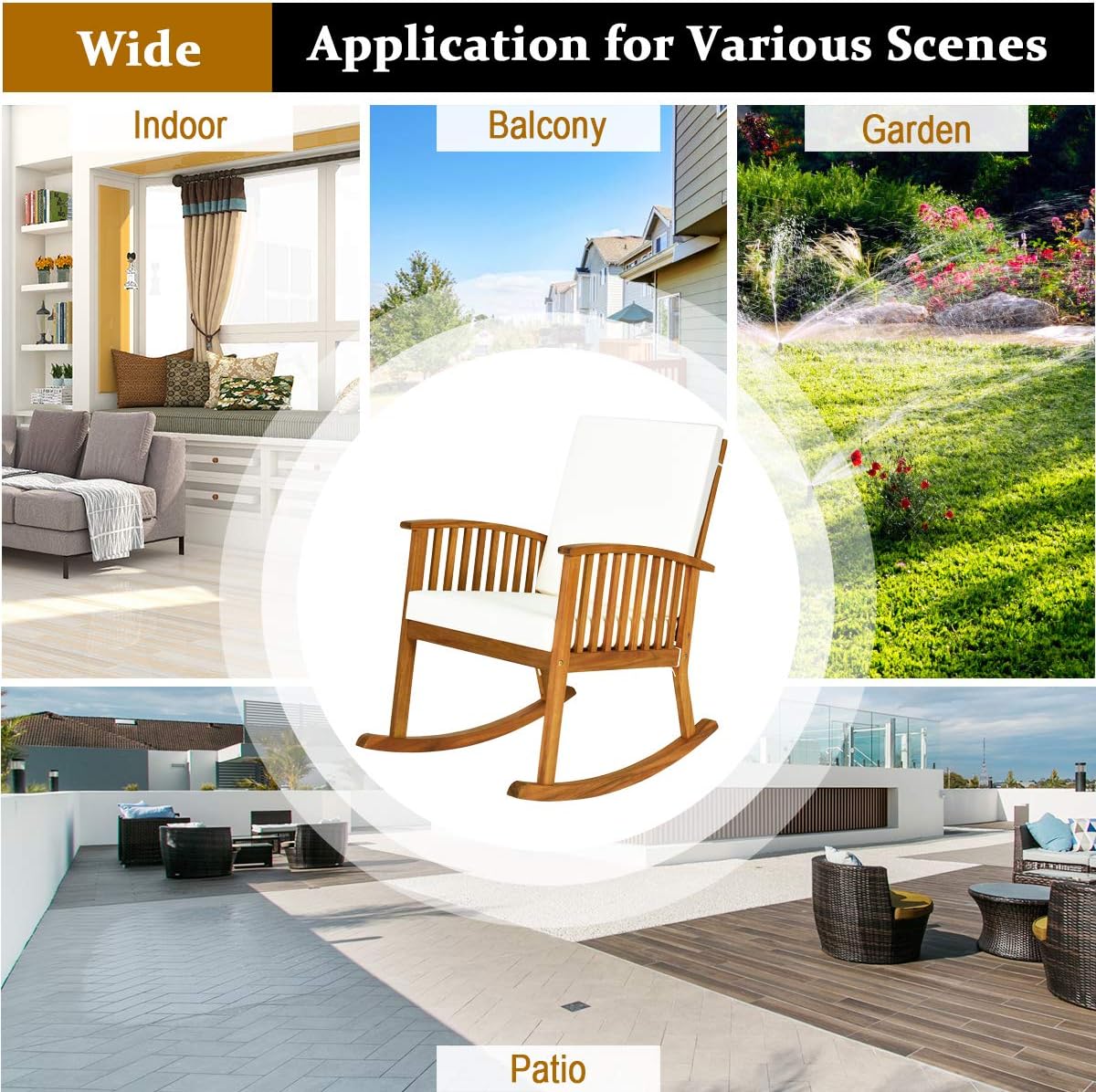 Rocking Chair Outdoor, Acacia Wooden Rocker Chair with Seat and Back Cushion, Armrests, Comfortable Porch Rocking Chair with 355Lbs Support for Lawn, Patio, Backyard, Garden, Deck, Indoor