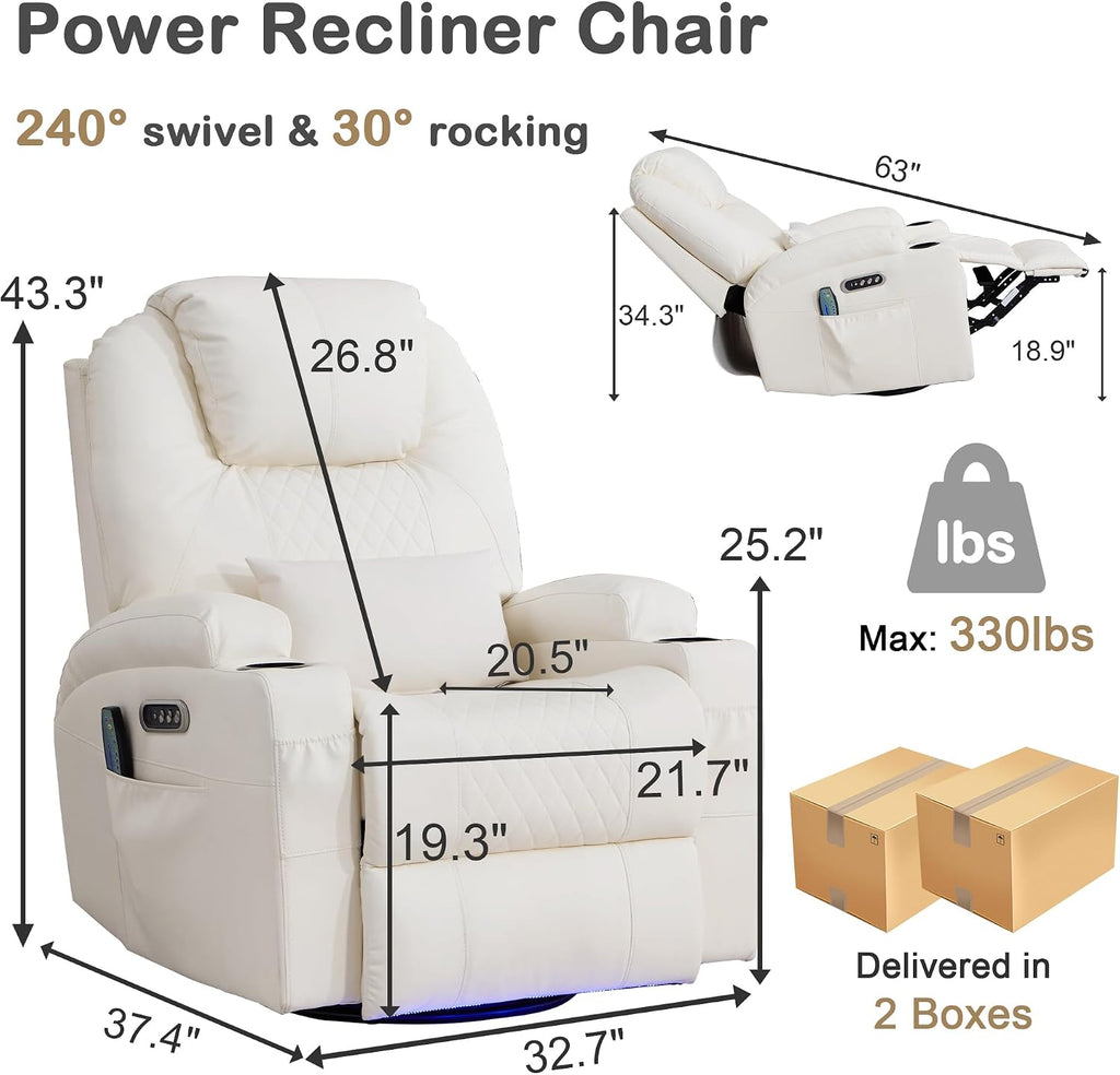Power Swivel Rocker Recliner with Dual Motor, 240° Electric Glider Recliner with Heat & Massage, Rocking Chair Theater Seating with LED/Lumbar Pillow/USB Port/Cup Holders（Faux Leather Beige, 1）