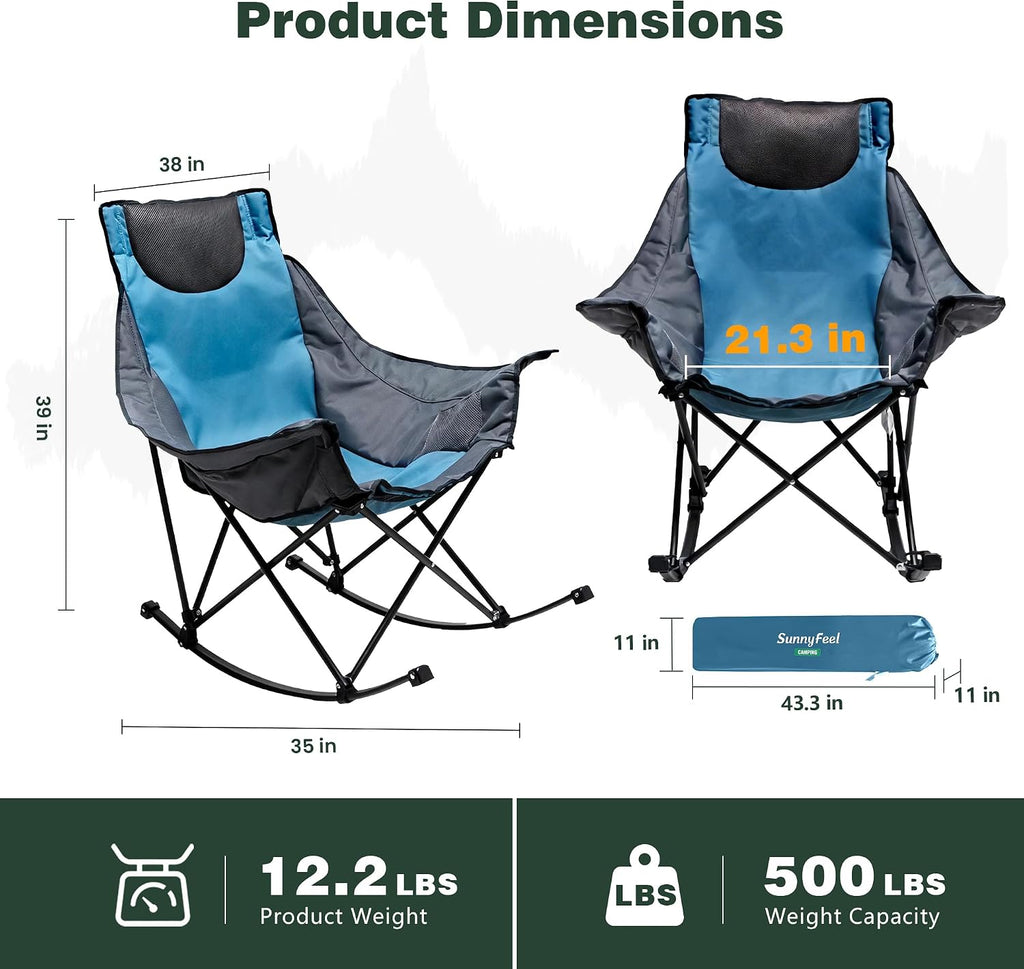 SUNNYFEEL Rocking Camping Chair 2 Pack, Luxury Padded Recliner, Oversized Folding Lawn Chair with Pocket, Heavy Duty for Outdoor/Picnic/Lounge/Patio, Portable Camp Rocker Chairs with Carry Bag