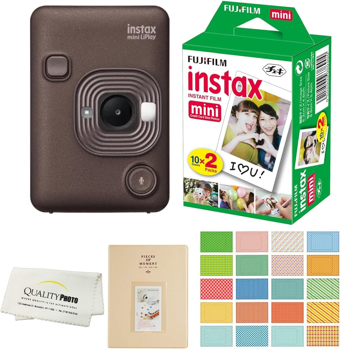 Fujifilm Instax Mini LiPlay Hybrid Instant Camera with 20 Instant Films and Photo Album. Plus Stickers. Bonus Quality Photo Microfiber Cloth (Deep Bronze)