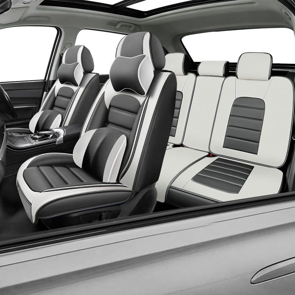 Car Seat Covers for CRV,for Honda CRV 2007-2024 2025,Waterproof Leather Seat Covers,Compatible Airbag,Full Set Comfort Car Seat Protectors for Most Cars(Pillows,Gray&White)