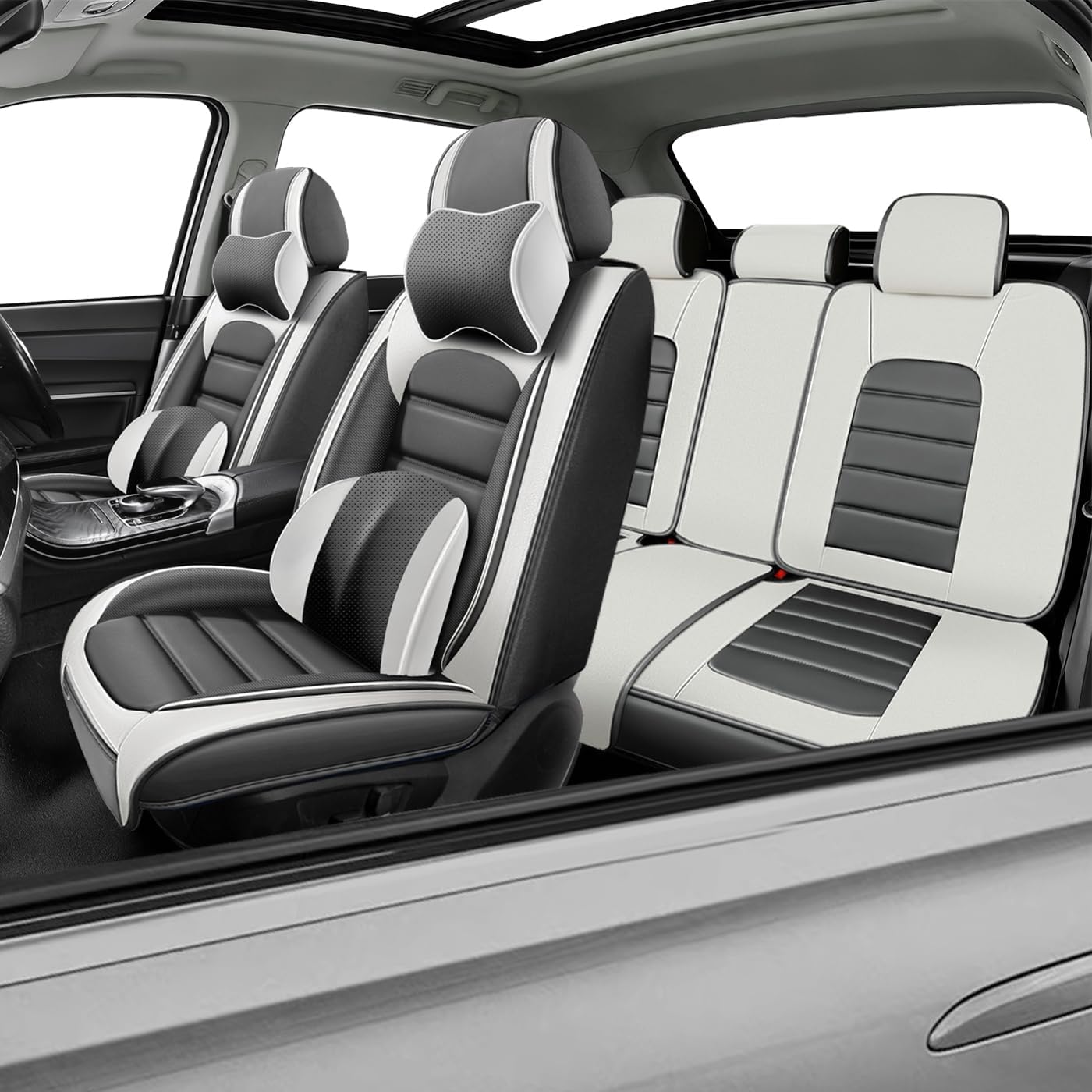 Car Seat Covers for CRV,for Honda CRV 2007-2024 2025,Waterproof Leather Seat Covers,Compatible Airbag,Full Set Comfort Car Seat Protectors for Most Cars(Pillows,Gray&White)