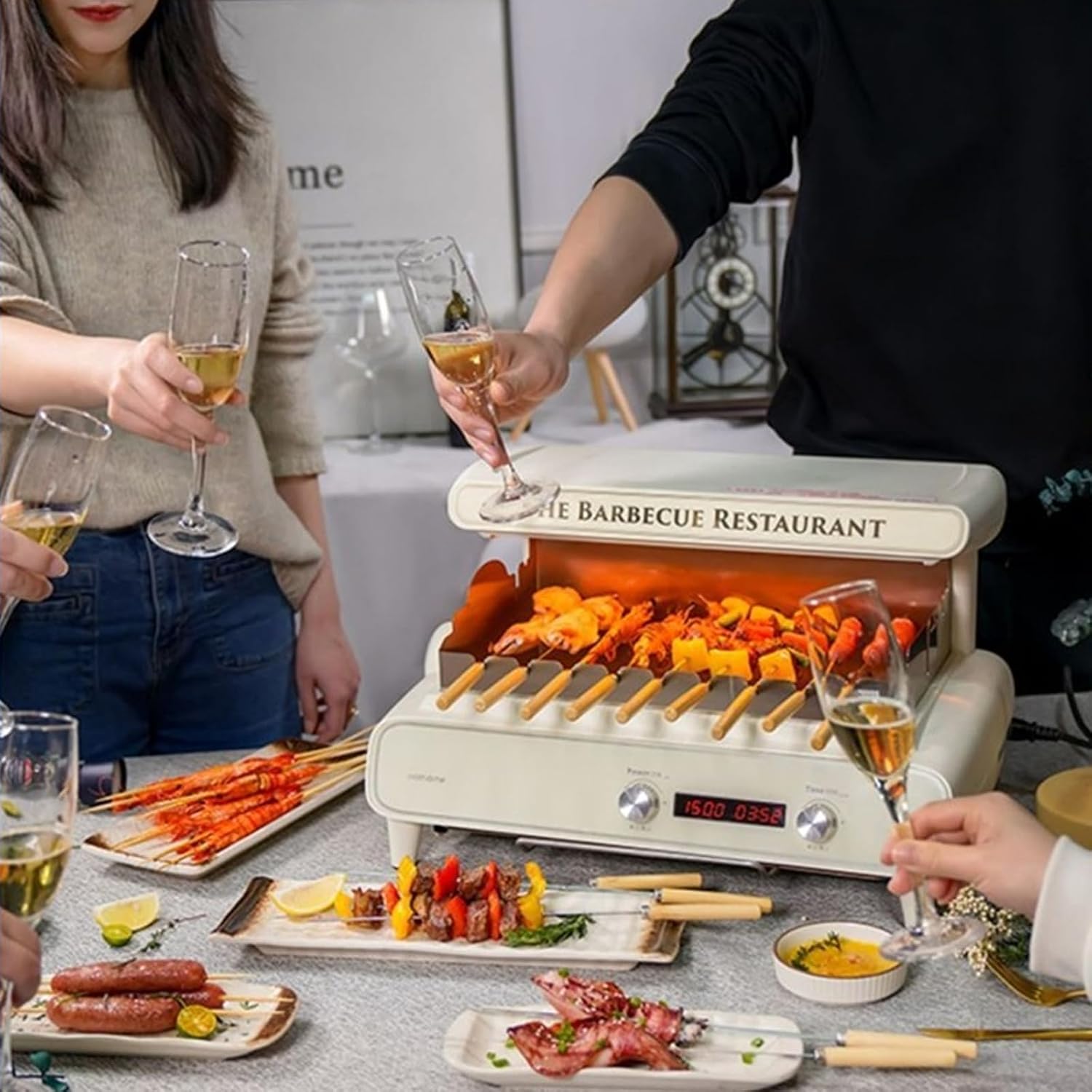 Electric Grill with Adjustable Temperature & Timer,Top Heating & 360° Rotation,Smoke-Free for Indoor BBQ Parties,White