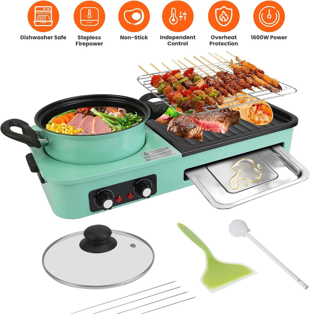 Casafoyer 3 in 1 Electric Hot Pot with Grill 1600W Smokeless Non-Stick Korean BBQ Grill Shabu Shabu Hot Pot Combo with Independent Temperature Control for 3-5 P