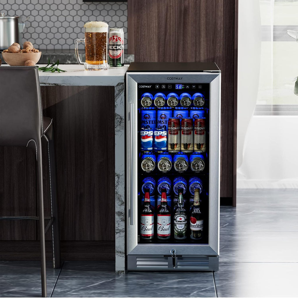 COSTWAY 15 Inch Beverage Cooler Refrigerator - 3.5 Cu.ft Mini Fridge with Glass Door, Lock and Removable Shelves for Soda Beer Wine, Freestanding Small Drink Refrigerator for Home Office Bar