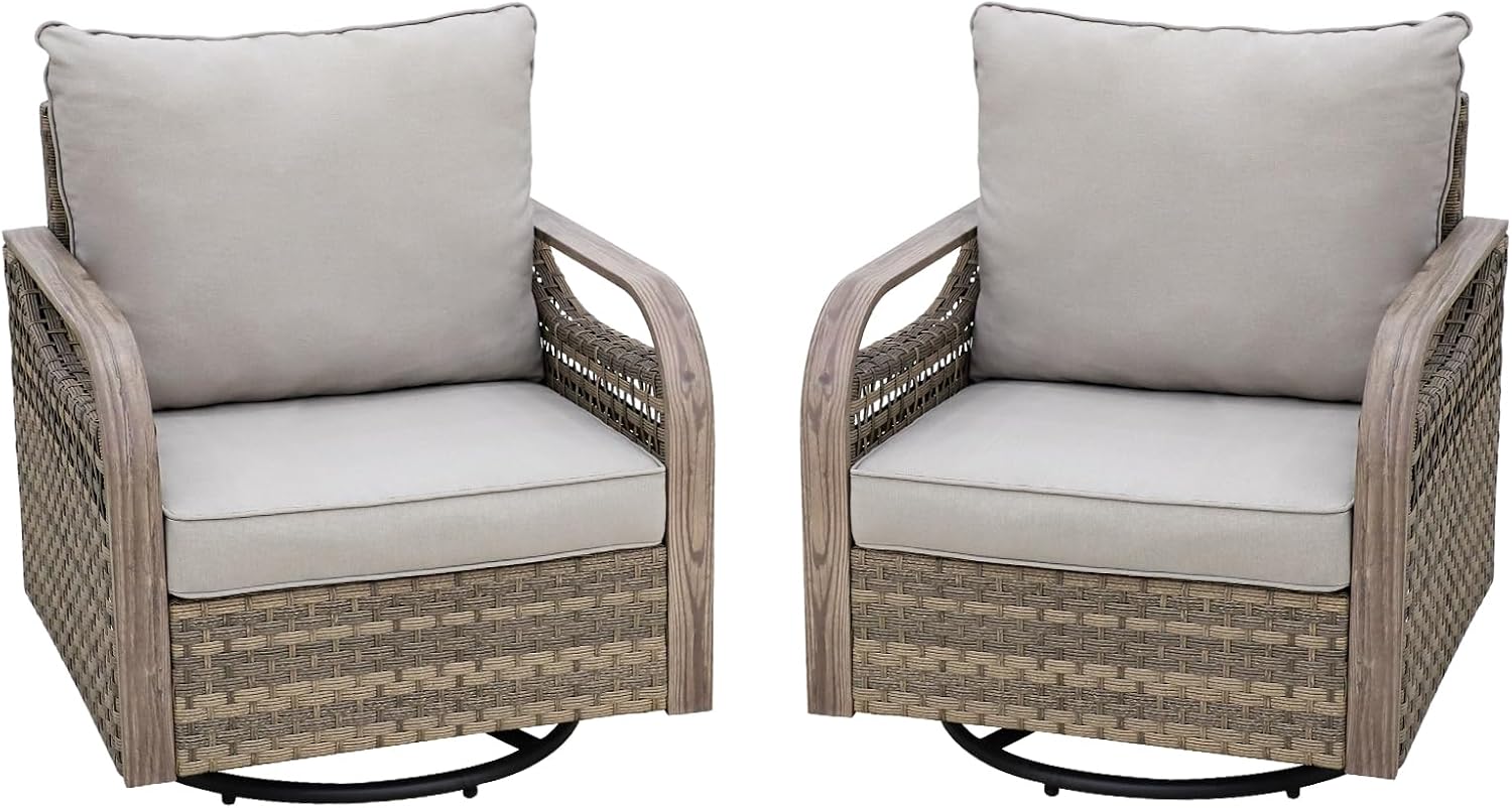 COOS BAY Modern Outdoor Swivel Rocker Chairs, Wicker Glider Rocking Chairs with Cushions, 360° Swivel Rattan Patio Seating, 2 Pieces, Brown/Gray