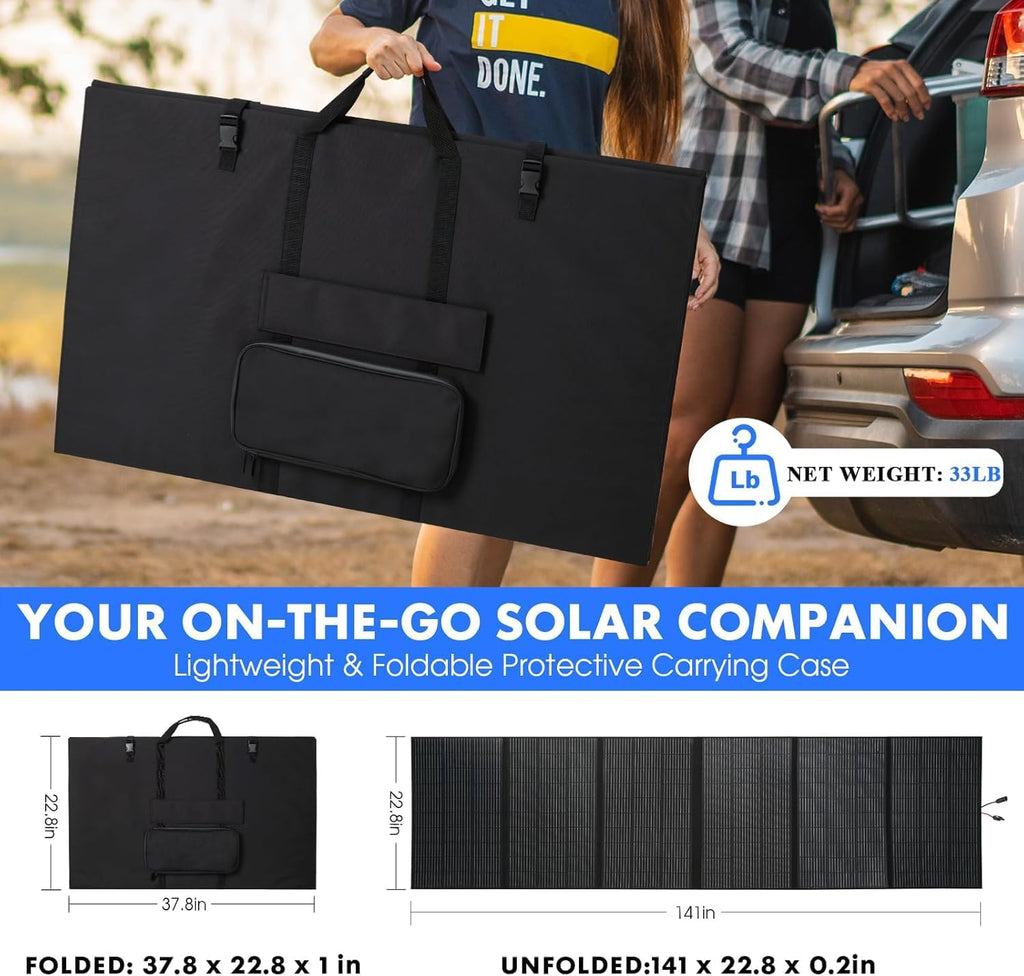 600W Portable Solar Panel, 48V Foldable Solar Panel 25% High Efficiency IP68 Waterproof with 10ft 4-in-1 Cable and 10×DC Adapter, Adjustable Kickstand for Power Station Camping RV